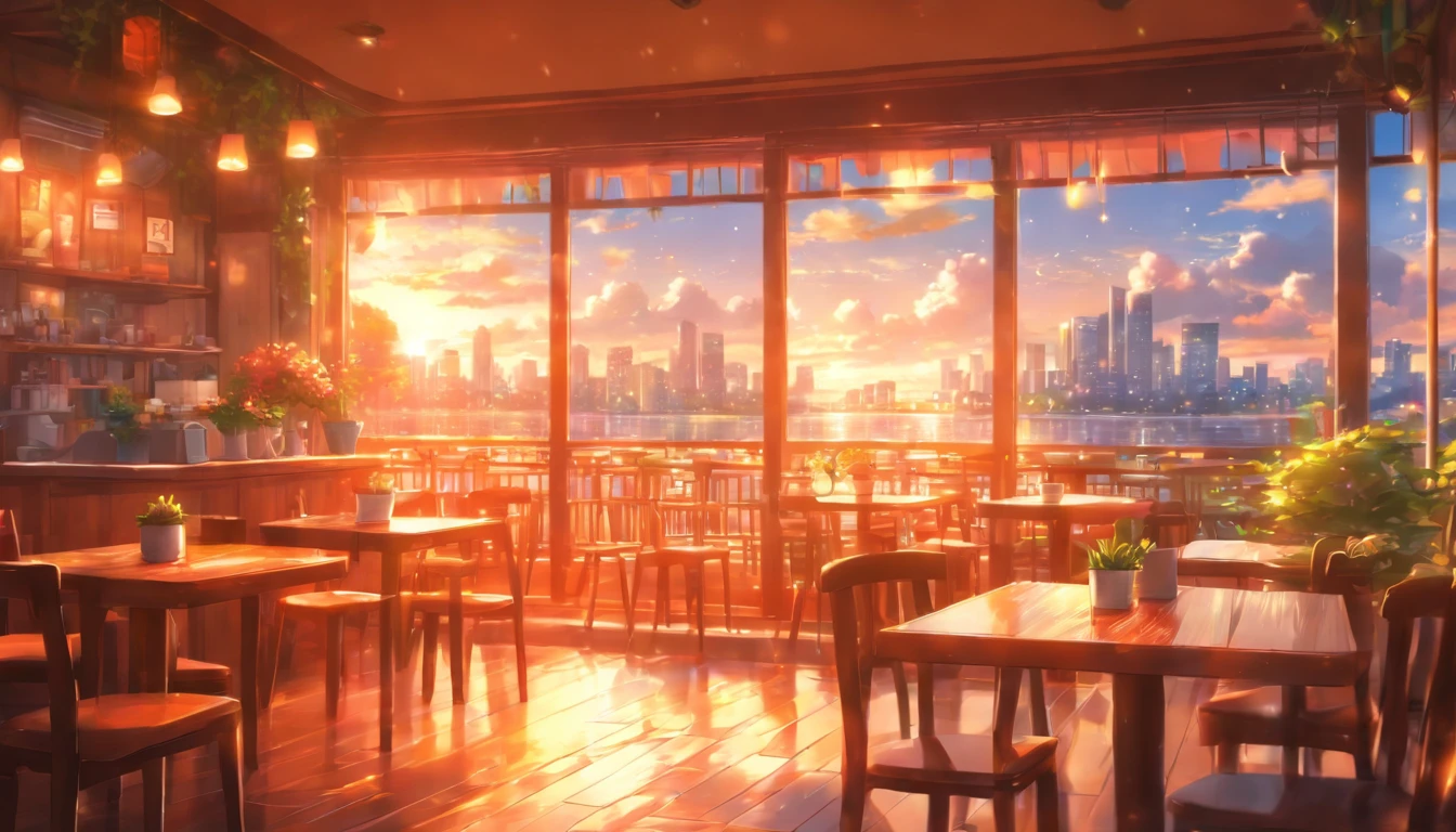 Cafe, coffee table and a large window, interior background art