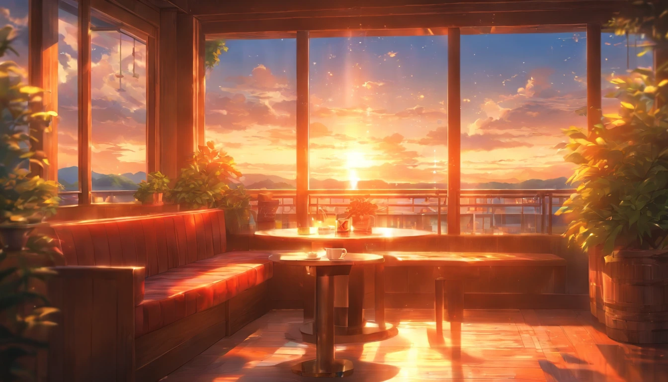 Cafe, coffee table and a large window, interior background art