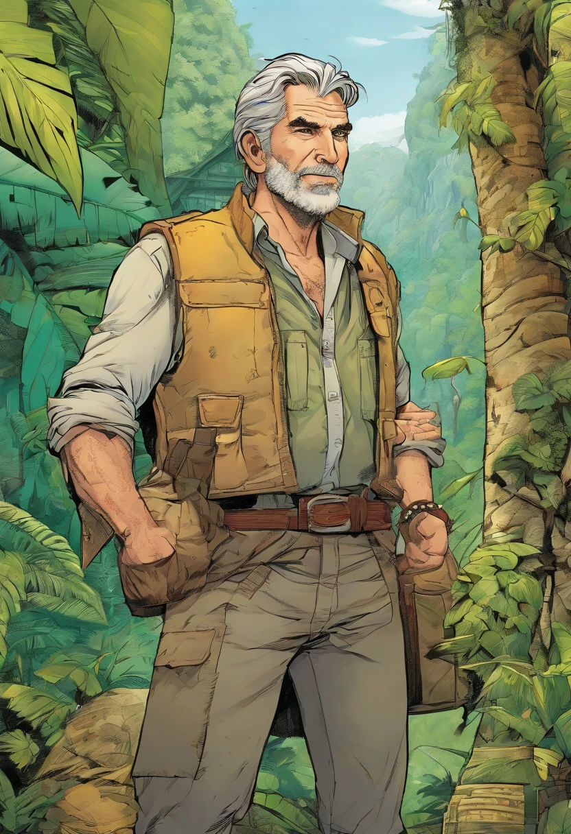 Blend of comic book art and linear in full natural colors. Full body portrait shot of an attractive European professor in his early 60s, wearing a bandana and a beige shirt and cargo vest,
his face expressed an extreme degree of surprise, digital painting, rainforest in background, Sharp Photo, sharp focus, intricate details, highly detailed, reading a treasure map