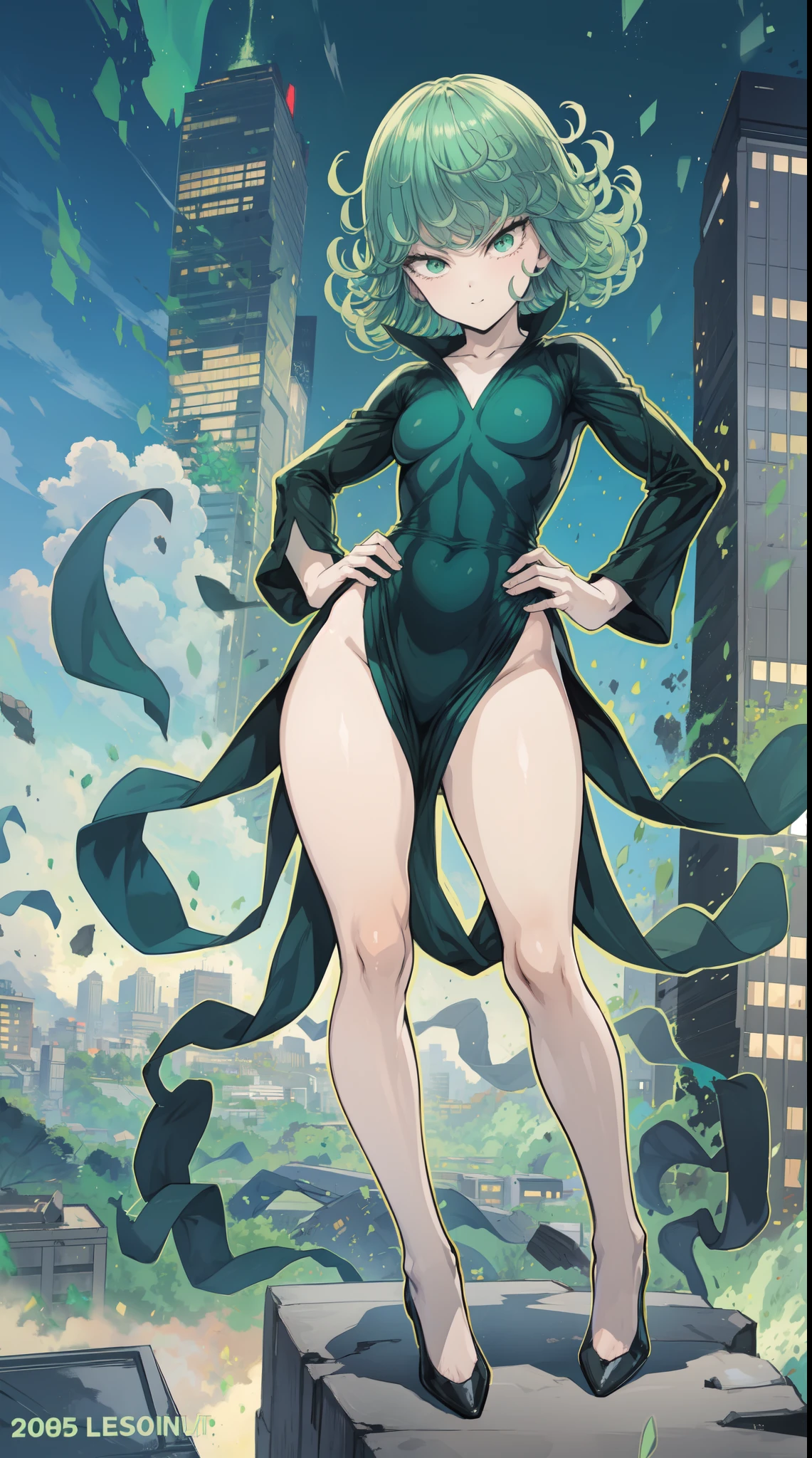 Tatsumaki from one punch man, short green hair, green eyes, Small chest, wearing fitting V-neck black dress, smiling facial expression, flying in the destroyed city, dynamic pose, dynamic view, full body view, hands on hip,