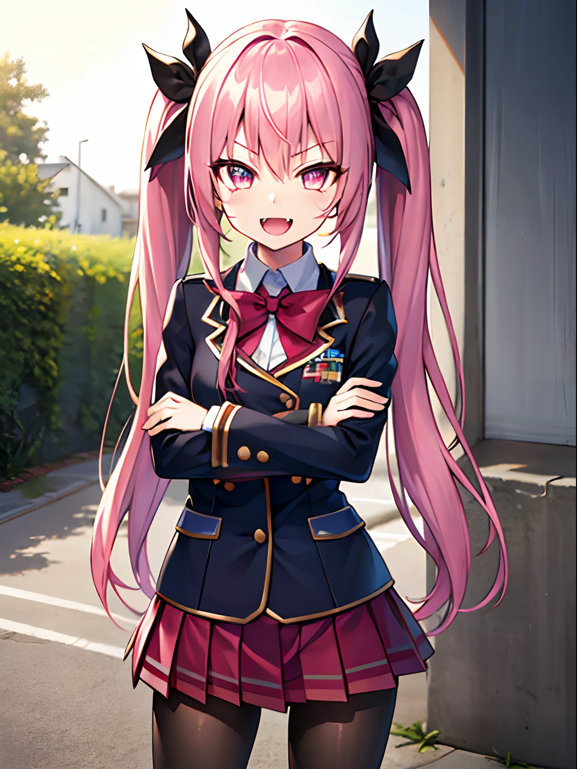 Highly detailed and realistic CG, Colorful, Masterpiece, Best Quality, jewel-like eyes, 1girl, solo, pink hair, long hair, twintails, black school uniform, miniskirt, loli, , petite, contrapposto, crossed arms, villain, black pantyhose, boots, evil smile, seductive smile, smirk, skull mark cap, open mouth, fangs, outdoors, military base,