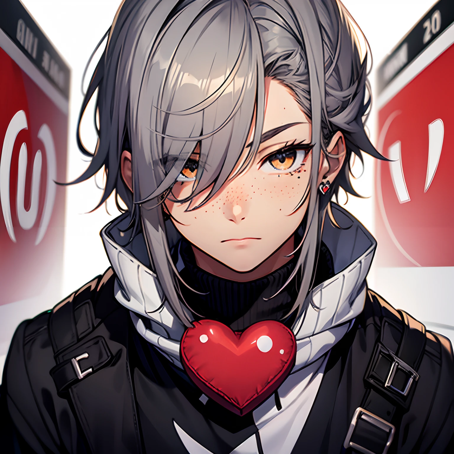 Heart-shaped target, cute guy, gray hair, With black tears, freckles