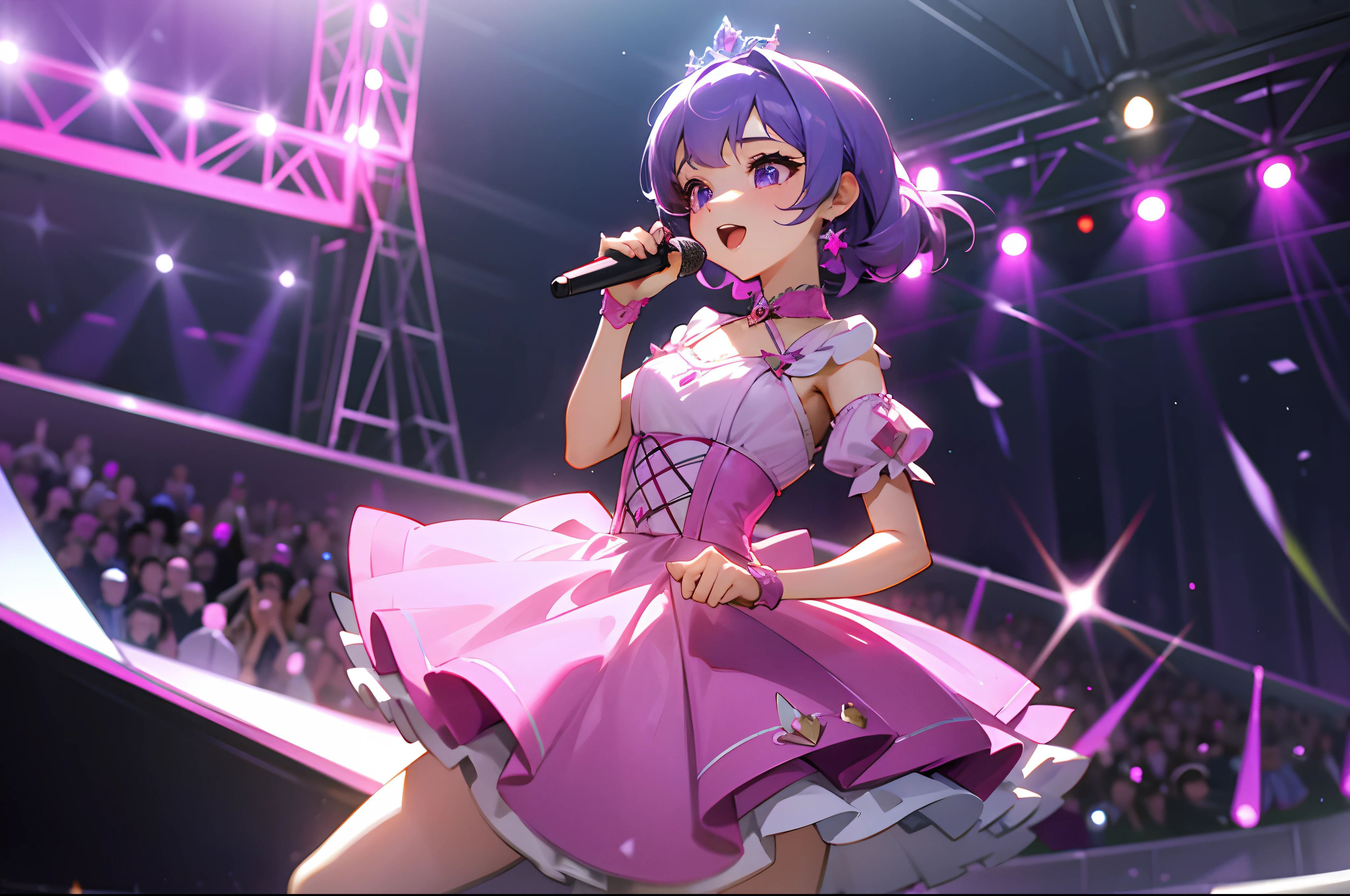Idol singer,s girl,Purple colored hair,Pink princess dress,Center of stage,lamplight