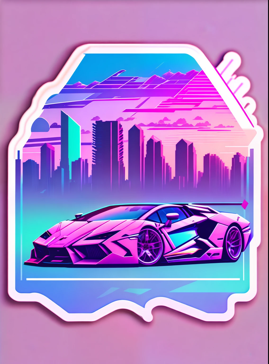 Lamborghini before sunset, vaporwave style, Neon style, Soft lines, Vector sticker art, Vector core, intricately details, white backgrounid , 8K