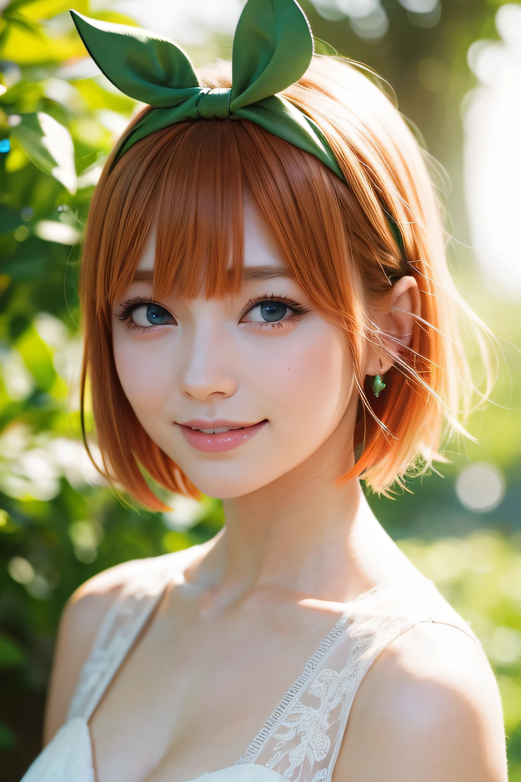 Nakano Yotsuba, Short_hair, Bangs, Blue_Eyes, orange_hair, Hair Bow, Green Ribbon, hair_Bland_Eyes,A smile, wedding dress,