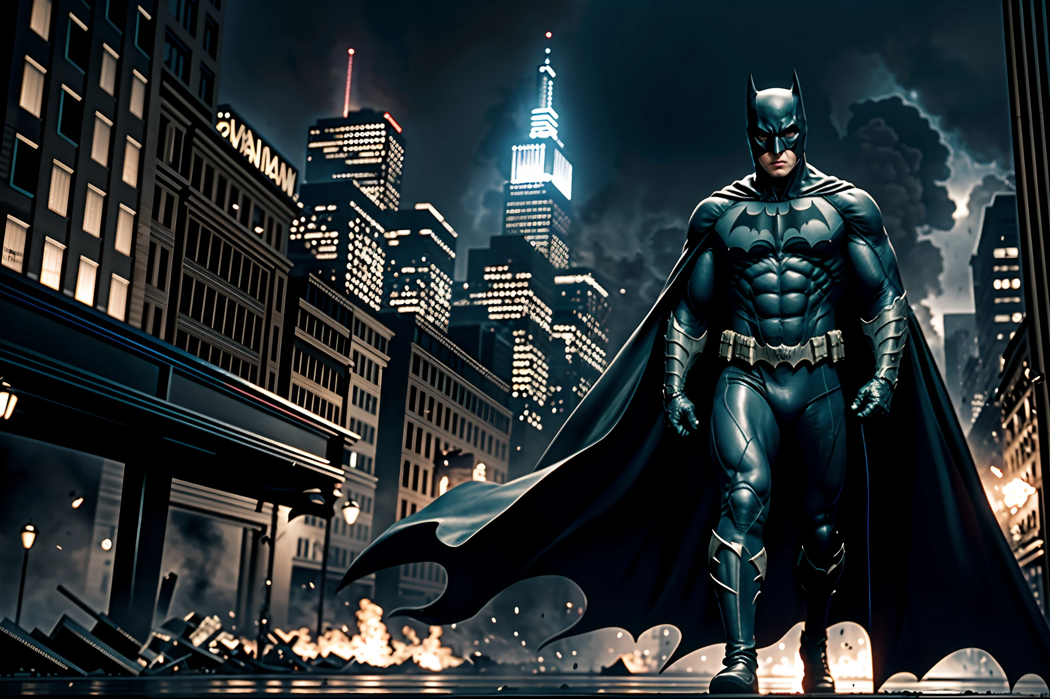 masterpiece, best quality, realistic,dynamic shot of Bat-Man,black cape,upper body DC universe cinematic, detailed face, 8k, uhd, sharp focus,Gotham City background,ruined city,Explosion everywhere,watfire everywhere,rain,fierce wind,Dust falling,at night