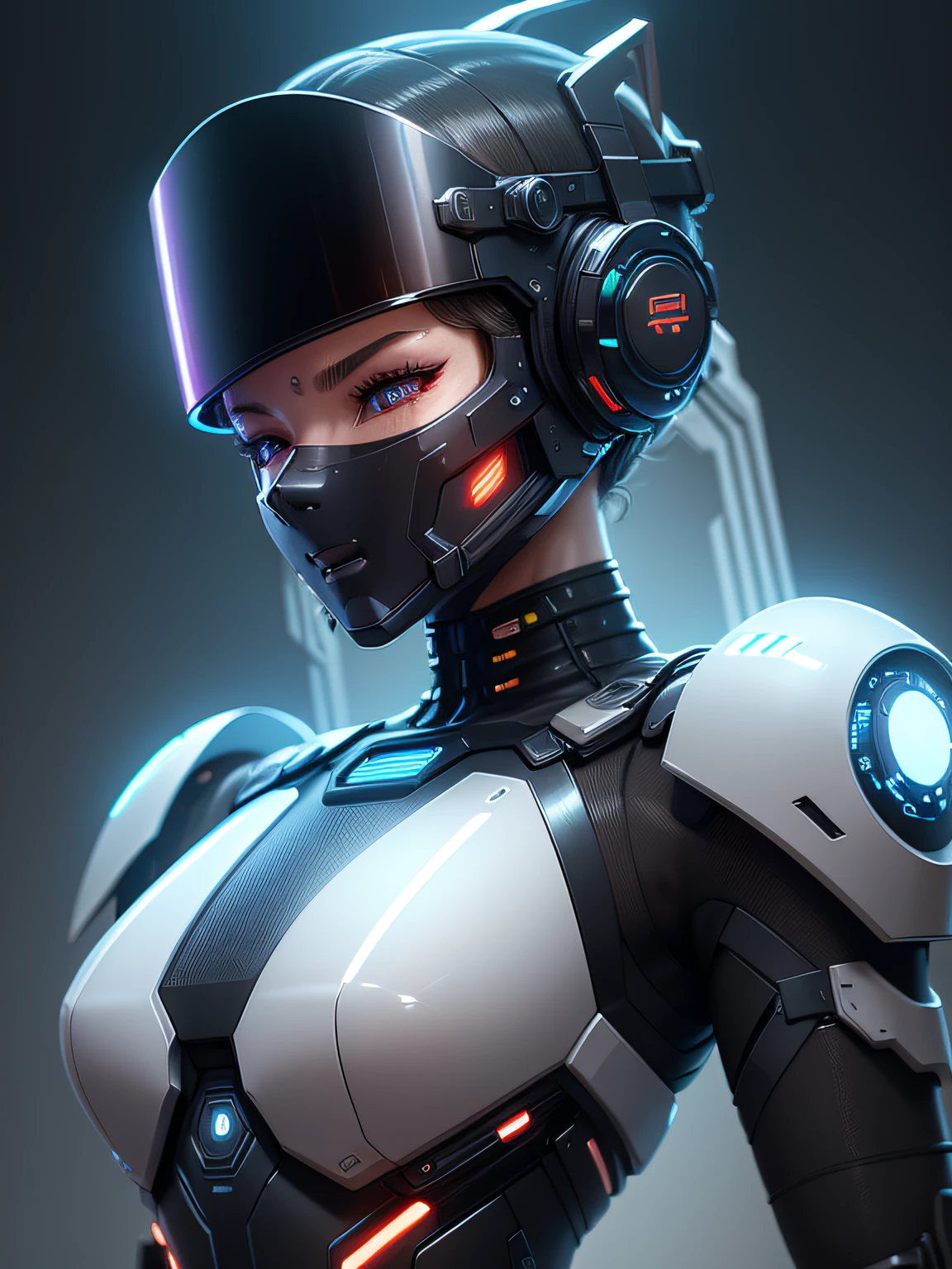 Futuristic sci-fi warrior | Female Face | Flesh-colored skin | Electronic Systems On-Head Humanoids | semi-transparent visor over eyes | electronic readout on visor | detailed chest armour | Detailed connection wire | Biopunk | Cybernetics | Cyberpunk | Sharp Focus | Hyperrealism | Very detailed| Intricate Details | Side view of the face | 1head per body