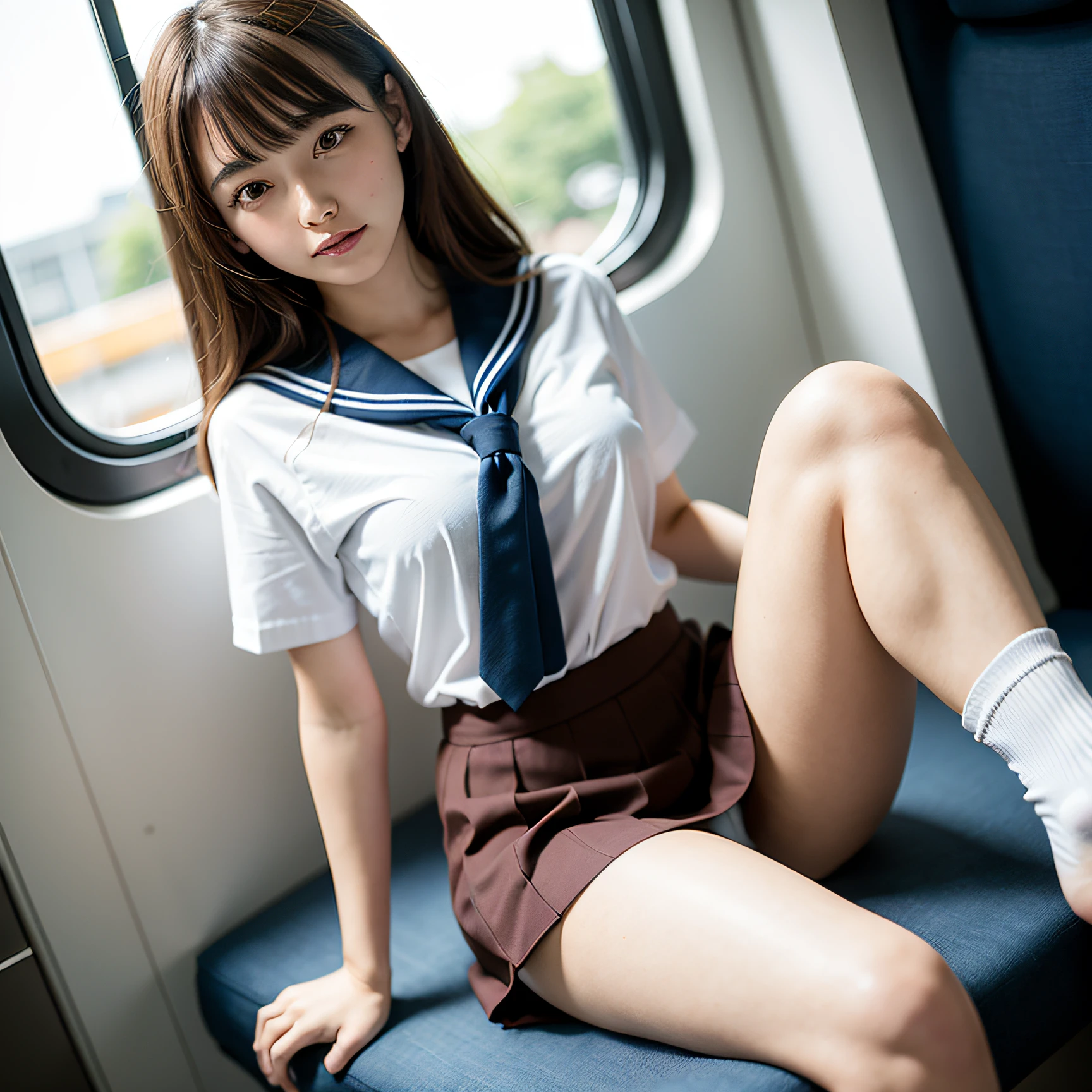top-quality,ultra-detailliert,masterpiece,realisitic,Photo Real,Bright lighting,1 girl in, an extremely beautiful -yeld gi (kawaii:1.2),Thin smile, (Brown eyes),(brown haired),(bangss),perfect glossy skin,flawless skin,((erotick,Sexy and sexual)),((Perfect body)), large full breasts,big breasts thin waist, Look at viewers,((a sailor suit)),((Short sleeve uniform white shirt)),(red necktie),(Blue Mini Pleated Skirt),(((skirt lift by yourself))),(lifted by self),(Showing panties),panties on,panties focus,((Sit up,spread legswide)), sockes, (Black knee socks),(Loafer shoes), during daytime,On the train,Horizontal long seat with your back to the window