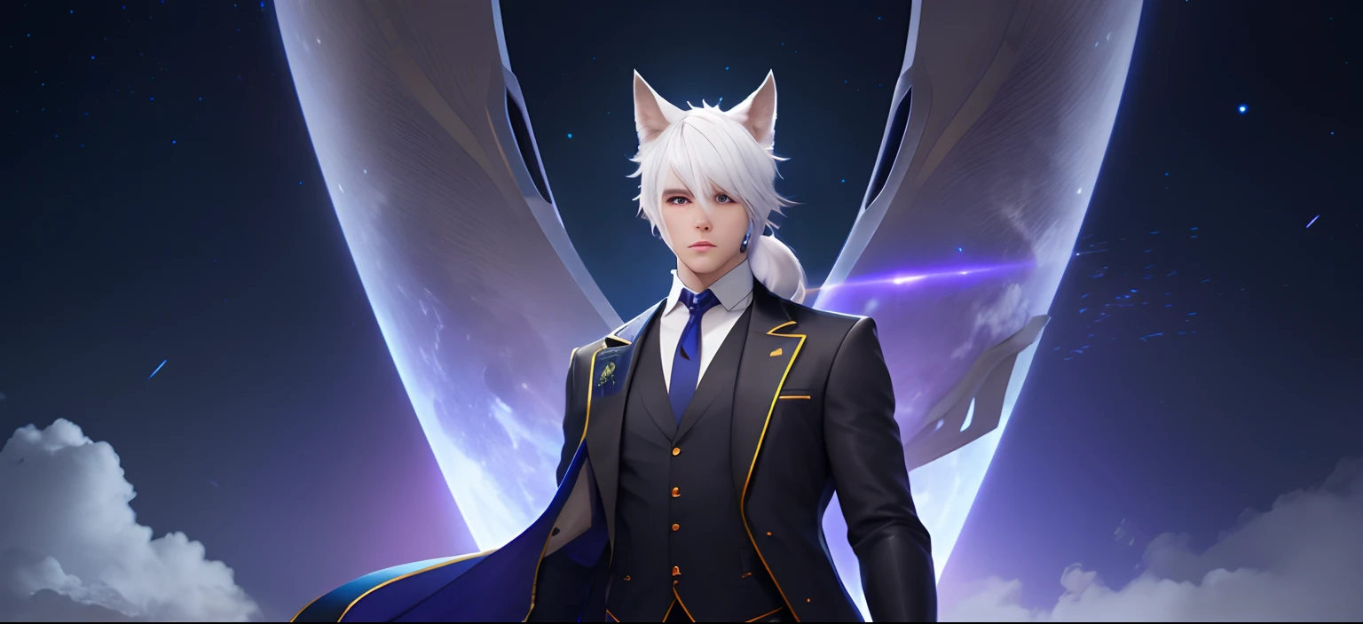 there is a man with a cat ears and a tie, lunar themed attire, in game, ingame image, outfit: cop, white - haired fox, boy with cat ears and tail, halfbody headshot, dressed as a western sheriff, in - game, in-game, furry chest, he has dark grey hairs, silver hair (ponytail)