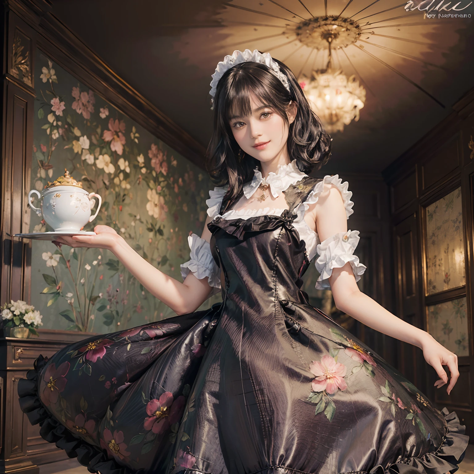 06
(Black Shorthair:1.3), (a 20 yo woman), (A hyper-realistic), (Masterpiece), (8KUHD), Beautiful woman, a smile, (Wearing a cute maid outfit:1.3), (Maid clothes with floral patterns:1.2), Spacious and luxurious entrance, Standing in a room with a large depth, Focus on the face, (depth of fields)