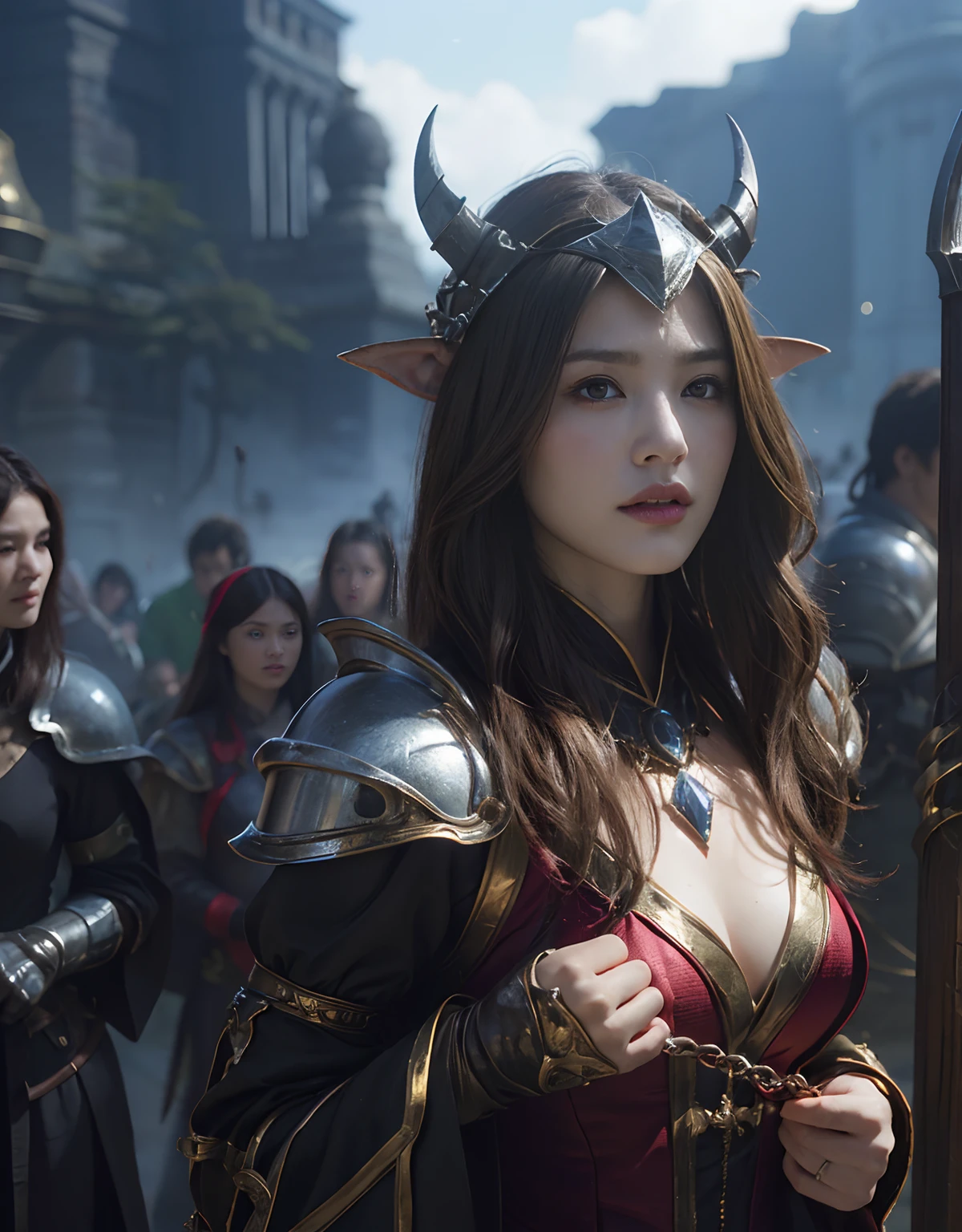 (One Knight Girl)、top-quality、masterpiece、超A high resolution、(Photorealsitic:1.4)、Raw photo、女の子1人、(Wear the Dark Knight's Armor)、glowy skin、(((Dark Fantasy)))、Fight with beautiful swords and shields、(((Mystical expression))),(Gorgeous gold metal body)、(Fight goblins、ogre、Fierce battle with orcs),(Fighting strong enemies)、Fight fiercely、(Background of decaying dungeon ruins)、(Ultimate Beauty)、(Detailed knight's helmet)、(Fighting Demonic Beasts)、(Wizard Hat)、((super realistic details))、portlate、(Strong giant demon beast background),globalillumination、Shadow、octan render、8K、ultrasharp、Colossal tits、Raw skin is exposed in cleavage、metals、Details of complex ornaments、Japan details、highly intricate detail、Realistic light、(Mystical expression),CGSoation Trends、Red Eyes、radiant eyes、Facing the camera)、Gundam、Small LED、Toostock、(Background of the mutation)、(Attack of the Monster Beasts)、Ultimate Beauty、beautiful female knight、Wear colorful armor、Detailed sword、(Wearing legendary armor)、