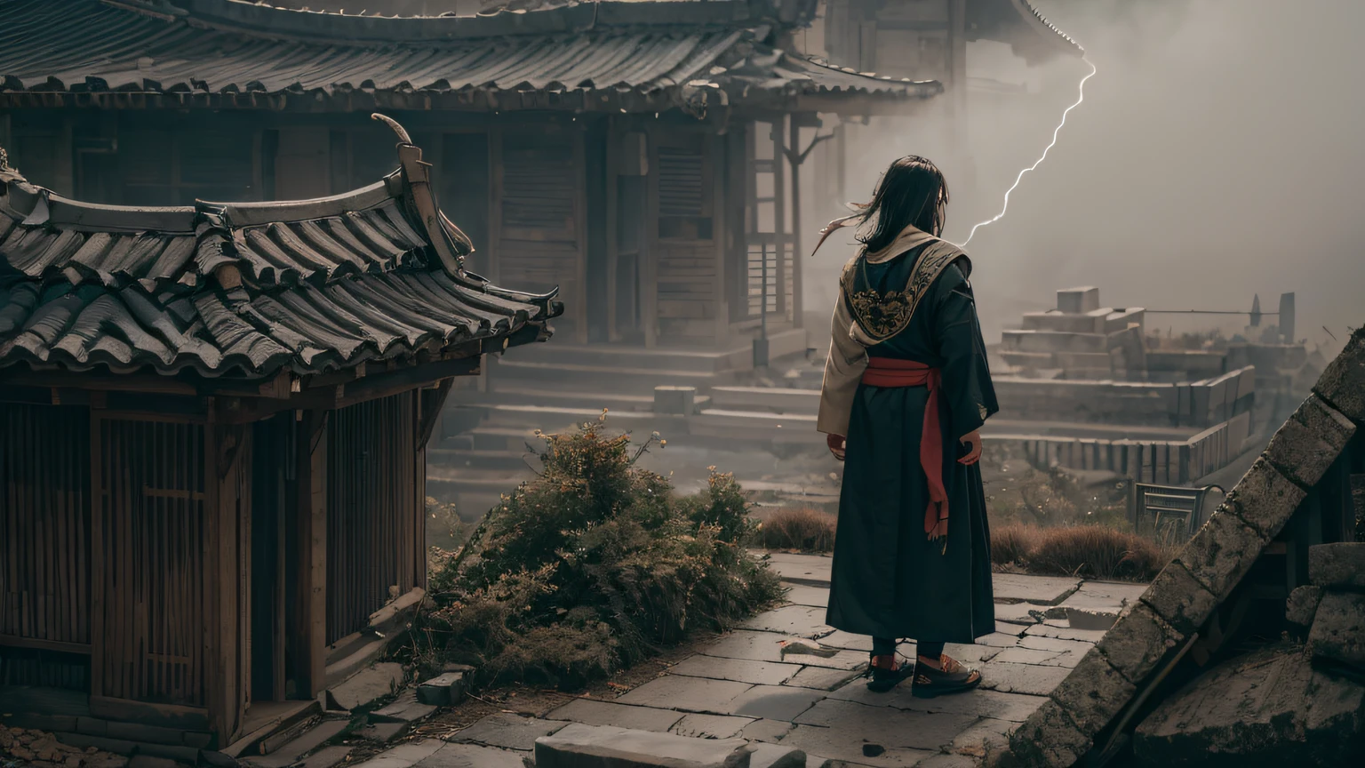 facing away from the audience（Doomsday ruins）Arapi stood on the roof looking out over the mountains, 16384k film, Shot on Sony A 7 III, 36864k film, movie still 8 k, 8 k film still, shot with canon eoa 6 d mark ii, Still from the movie, wide film still, cinematic Film still from, the roof（tmasterpiece，k hd，hyper HD，32K）32K（tmasterpiece，k hd，hyper HD，32K）the roof，Roof roof, Full Body Male Mage 32K（tmasterpiece，k hd，hyper HD，32K）Long flowing black hair，Campsite size，zydink， a color， Dynamic posture（Explosive ruins）， （Linen batik scarf）， Angry fighting stance， looking at the ground， Batik linen bandana， Chinese gold silk python pattern long-sleeved garment， thick paint（Abstract propylene splash：1.2）， Dark clouds lightning background，Flour flies（realisticlying：1.4），Black color hair，Flour fluttering，Background fog， A high resolution， the detail， RAW photogr， Sharp Re， Nikon D850 Film Stock Photo by Jefferies Lee 4 Kodak Portra 400 Camera F1.6 shots, Rich colors, ultra-realistic vivid textures, Dramatic lighting, Unreal Engine Art Station Trend, cinestir 800，Flowing black hair,（（（Male mage））），The male mage was furious，