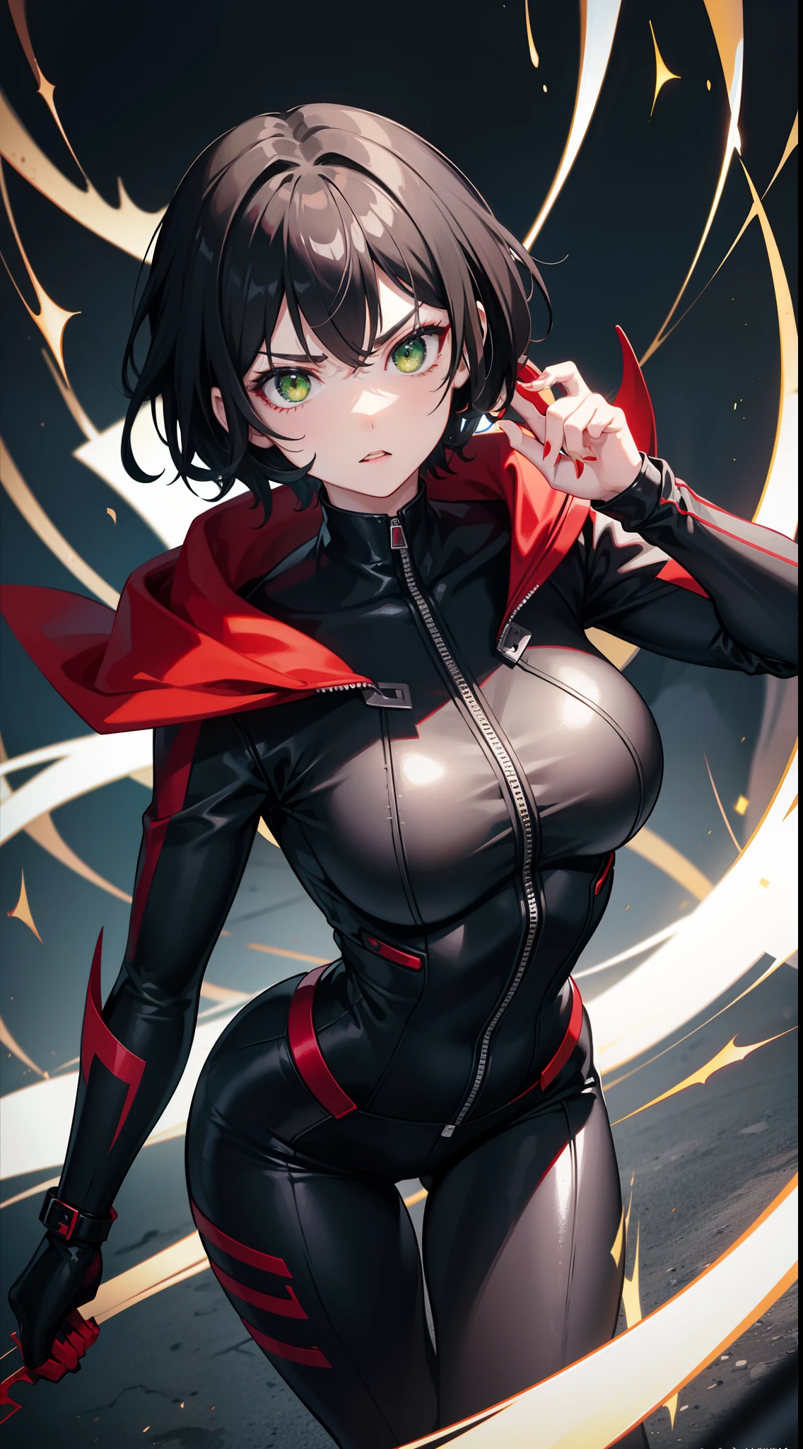 Girl with short, messy black hair with a large tuft on the right side with eyes with yellow pupils. She wears a black metal mask. She has an open red jacket that shows off her . She wears a fortune shirt inside that shows her  torso and He wears black latex pants and has a serious look.