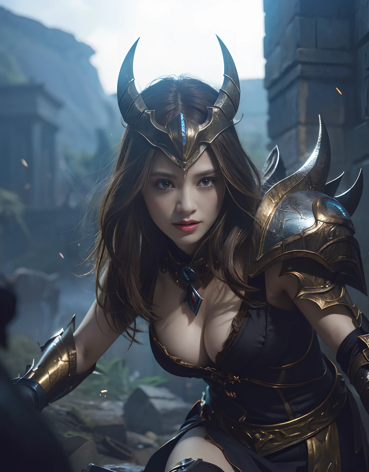 (One Knight Girl)、top-quality、masterpiece、超A high resolution、(Photorealsitic:1.4)、Raw photo、1人、(Wear the Dark Knight's Armor)、glowy skin、(((Dark Fantasy)))、Fight with beautiful swords and shields、(((Mystical expression))),(Gorgeous gold metal body)、(Fight goblins、ogre、Fierce battle with orcs),(Fighting strong enemies)、Fight fiercely、(Background of decaying dungeon ruins)、(Ultimate Beauty)、(Detailed knight's helmet)、(Fighting Demonic Beasts)、(Wizard Hat)、((super realistic details))、portlate、(Strong giant demon beast background),globalillumination、Shadow、octan render、8K、ultrasharp、Colossal tits、Raw skin is exposed in cleavage、metals、Details of complex ornaments、Japan details、highly intricate detail、Realistic light、(Mystical expression),CGSoation Trends、Red Eyes、radiant eyes、Facing the camera)、Gundam、Small LED、Toostock、(Background of the mutation)、(Attack of the Monster Beasts)、Ultimate Beauty、beautiful female knight、Wear colorful armor、Detailed sword、(Wearing legendary armor)、