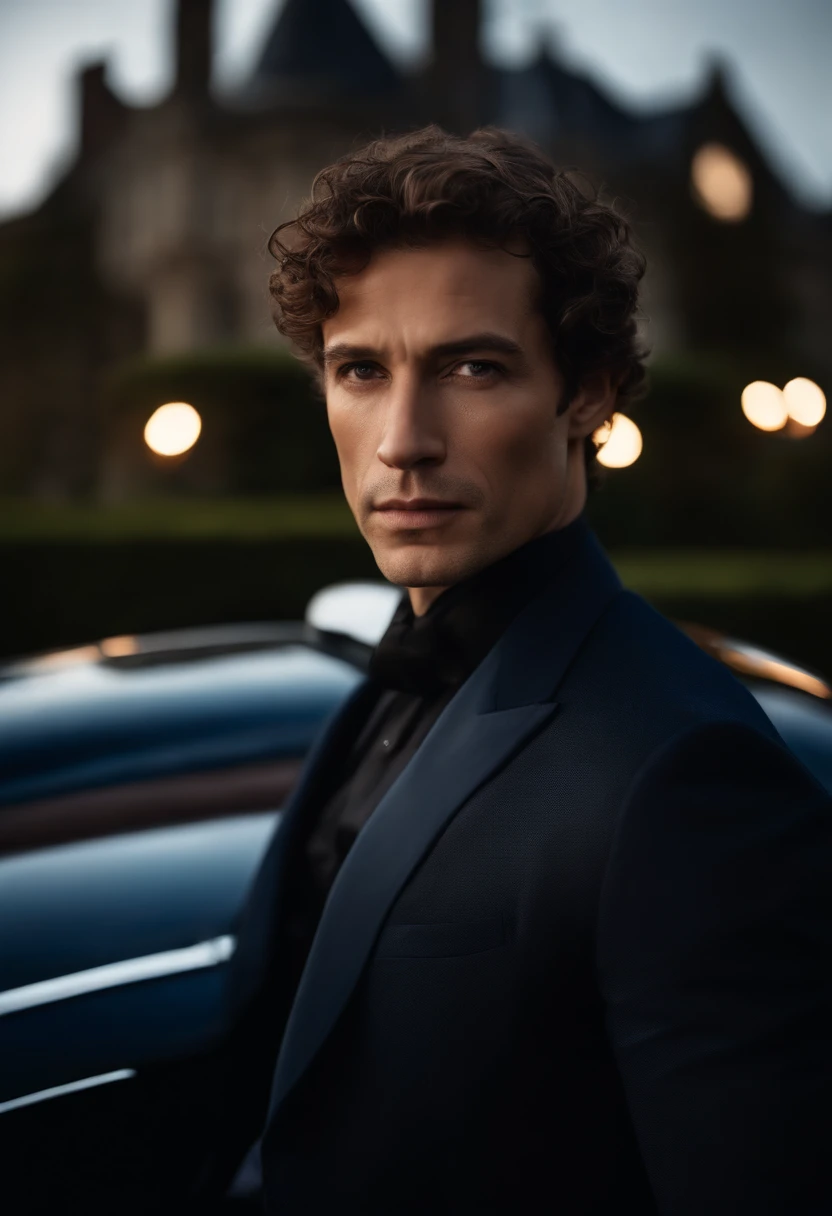 corps entier, wide-angle photo close-up portrait of the body of a handsome man , Grand et en forme, (40 ans:1.1), (shaven:1.2) , (very short brown hair and a little curly:1.5),(very short hair:1.6). (Tight suit in dark blue velvet:1.3). (posing outside the mansion with a luxury car:1.1),Cold and dark sunset at dusk, (Edge Light:1.1),(Concentrez-vous sur les yeux), (Regard fier), (hard light on the skin:1.2), (ombres dures, dark themed, Contraste profond:1.1), (photographie de portrait par Annie Liebovitz), Dark mint theme and choral aesthetics, (skin imperfections)