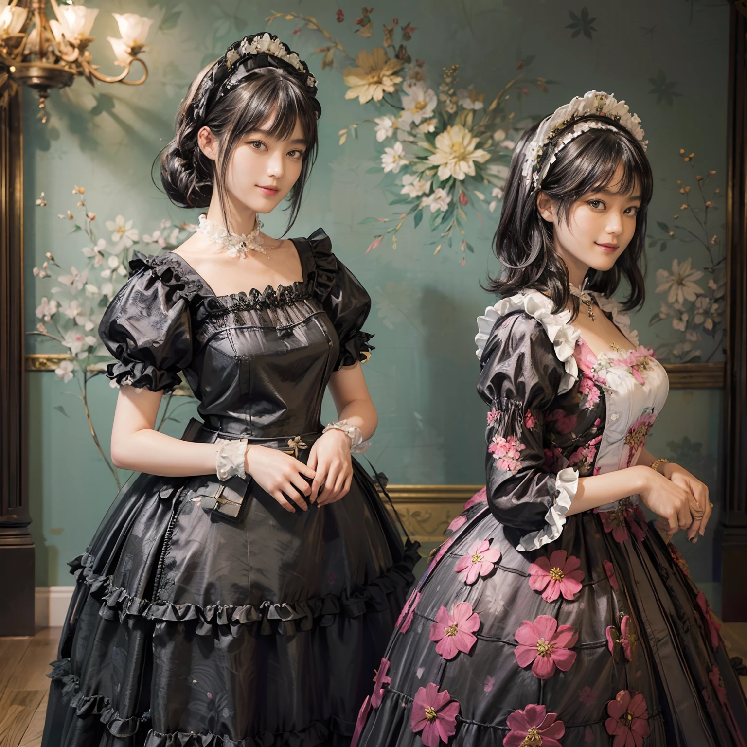 06
(Black Shorthair:1.3), (a 20 yo woman), (A hyper-realistic), (Masterpiece), (8KUHD), Beautiful woman, a smile, (Wearing a cute maid outfit:1.3), (Maid clothes with floral patterns:1.2), Spacious and luxurious entrance, Standing in a room with a large depth, Focus on the face, (depth of fields)