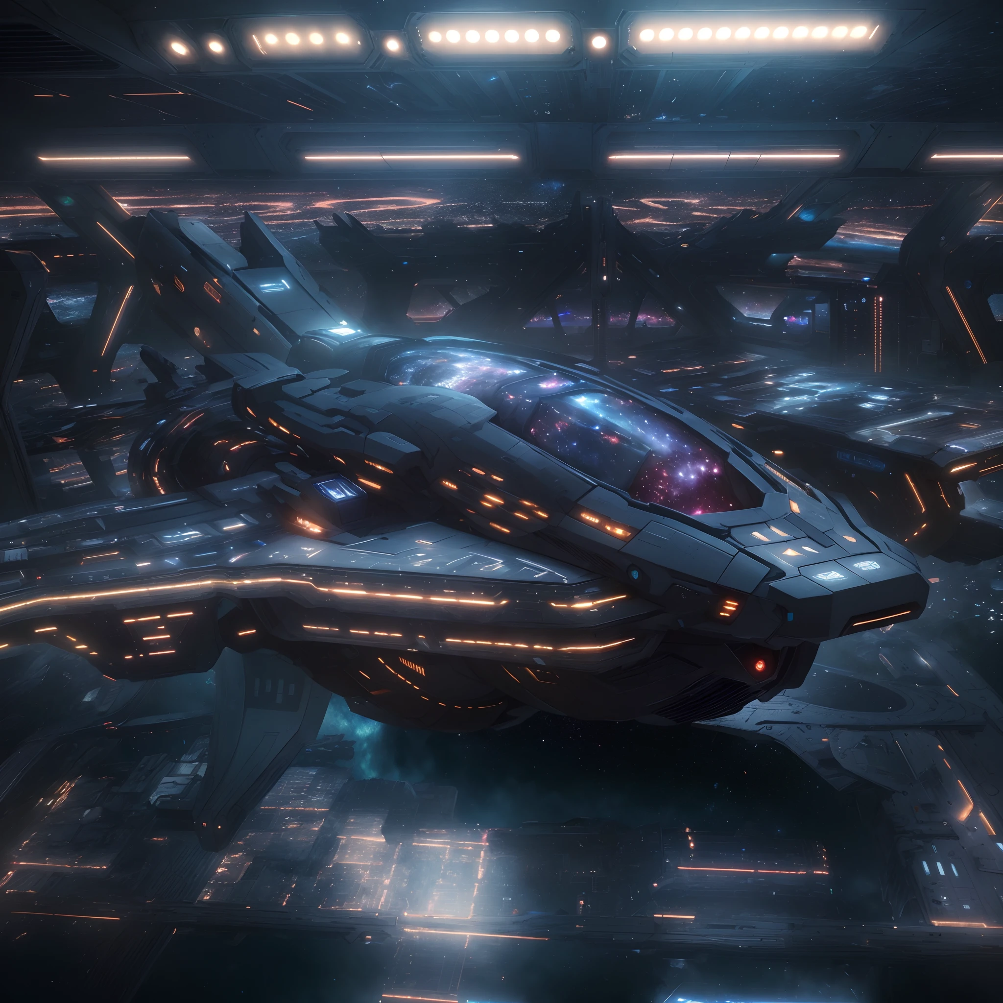 A huge spaceship,full bodyesbian,Solo,Spaceships in the Avengers,seen from outside,(multiple lighting sources:1.5),Detailed hull details,Cosmic galaxy background,Escaped spaceship,((Best quality)), ((Masterpiece)), (Epic composition:1.2), (unreal 5 render:1.1)