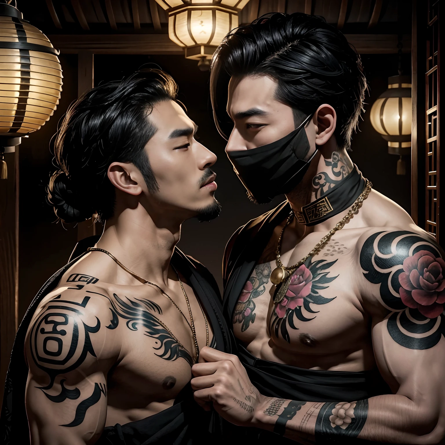 Two oriental men, Boyfriend, In the fun, roleplaying, One plays a sexy bandit,male people, A mask(black in color), Kiss, Oriental lanterns, body defined, Beautiful, Oriental, Realistic, Cinematic, High quality, 16k, Best quality, High details, Super detail, Tattoos,