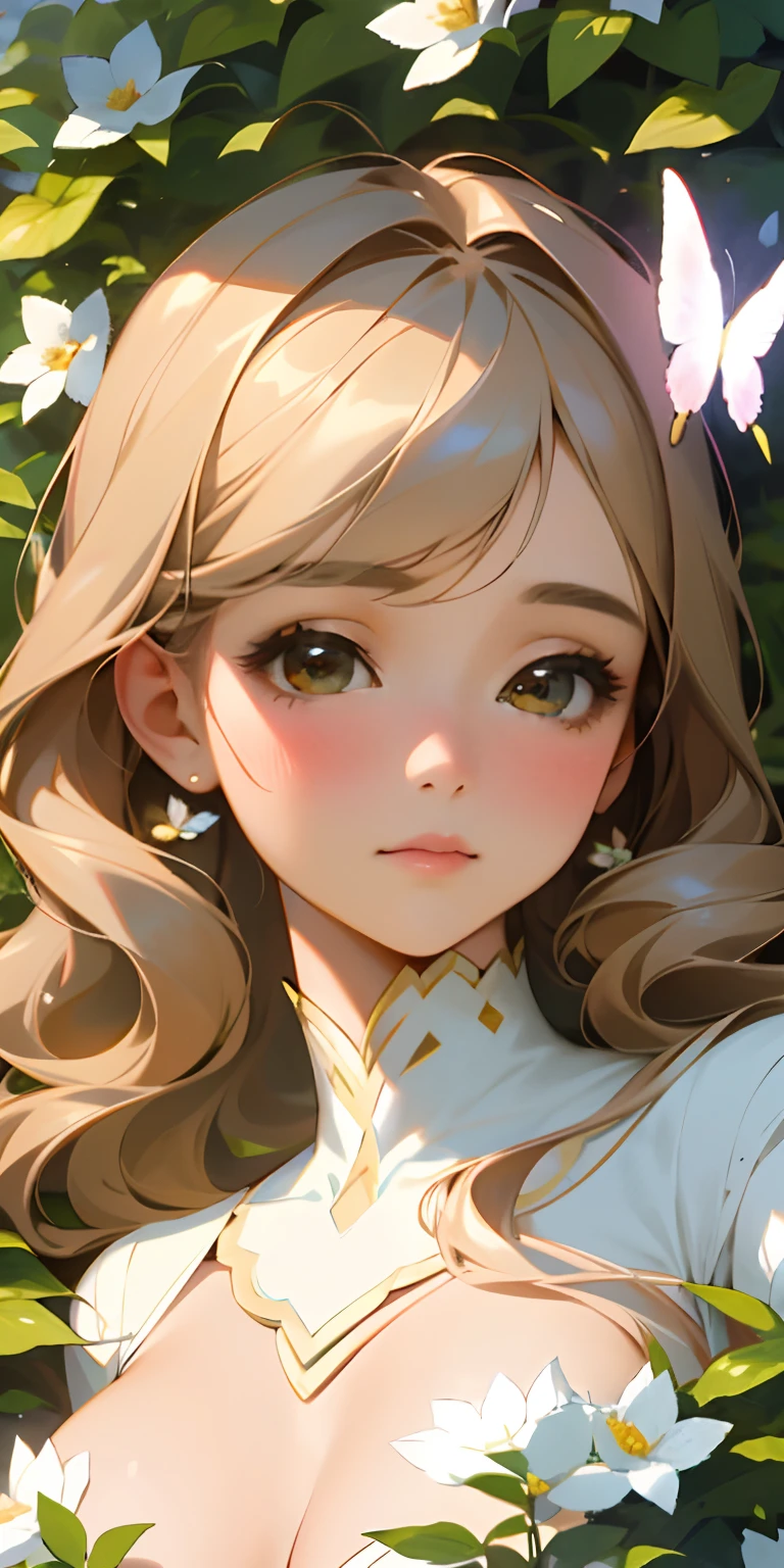 (best quality, masterpiece, ultra-realistic), portrait of 1 beautiful and delicate girl, with a soft and peaceful expression, the background scenery is a garden with flowering bushes and butterflies flying around.,big nipels,