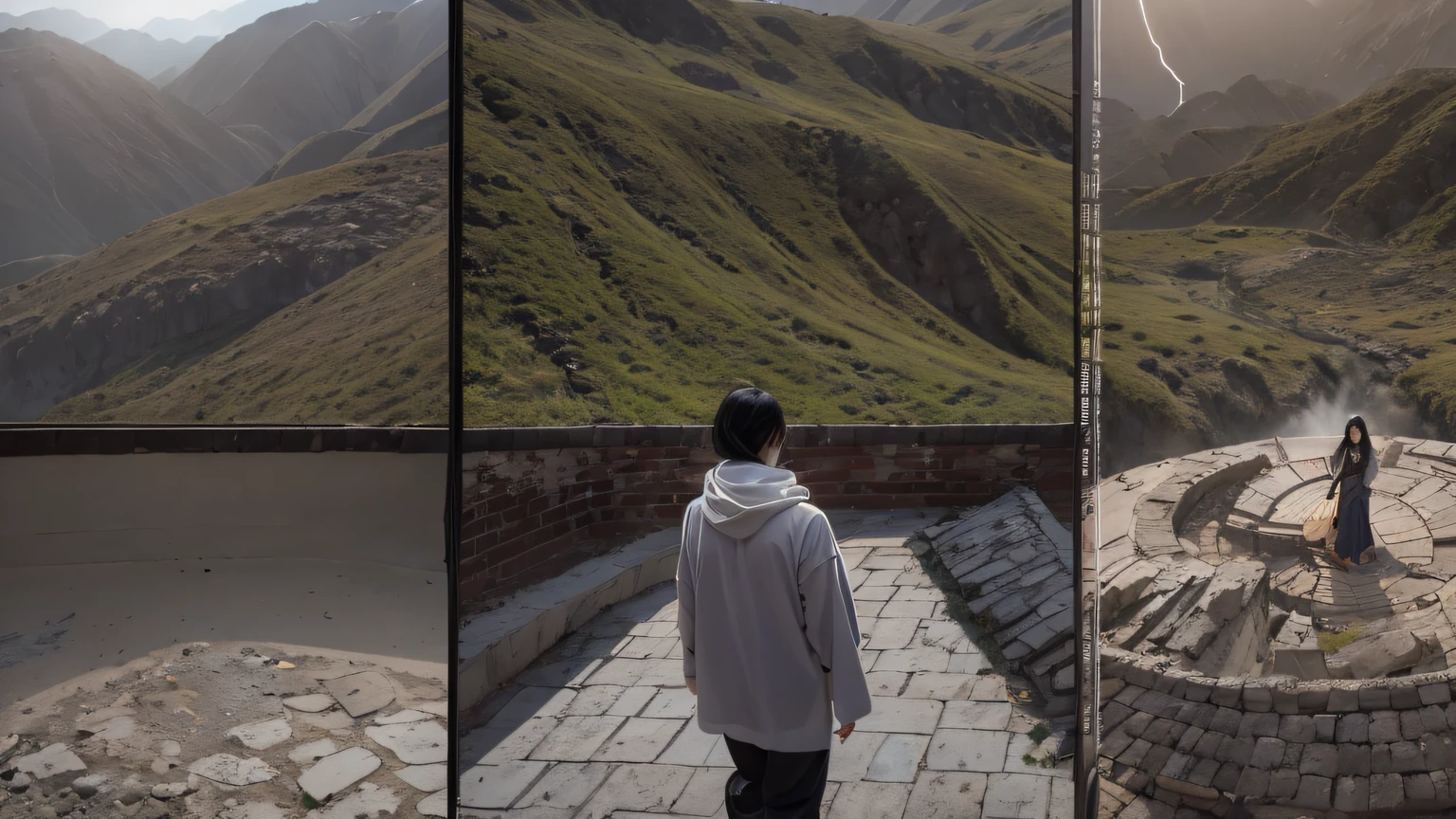 facing away from the audience(Doomsday ruins)Arapi stood on the roof looking out over the mountains, 16384k film, Shot on Sony A 7 III, 36864k film, movie still 8 k, 8 k film still, shot with canon eoa 6 d mark ii, Still from the movie, wide film still, cinematic Film still from, the roof(tmasterpiece,k hd,hyper HD,32K)32K(tmasterpiece,k hd,hyper HD,32K)the roof,Roof roof, Full Body Male Mage 32K(tmasterpiece,k hd,hyper HD,32K)Long flowing black hair,Campsite size,zydink, a color, Dynamic posture(Explosive ruins), (Linen batik scarf), Angry fighting stance, looking at the ground, Batik linen bandana, Chinese gold silk python pattern long-sleeved garment, thick paint(Abstract propylene splash:1.2), Dark clouds lightning background,Flour flies(realisticlying:1.4),Black color hair,Flour fluttering,Background fog, A high resolution, the detail, RAW photogr, Sharp Re, Nikon D850 Film Stock Photo by Jefferies Lee 4 Kodak Portra 400 Camera F1.6 shots, Rich colors, ultra-realistic vivid textures, Dramatic lighting, Unreal Engine Art Station Trend, cinestir 800,Flowing black hair,(((Male mage))),The male mage was furious,