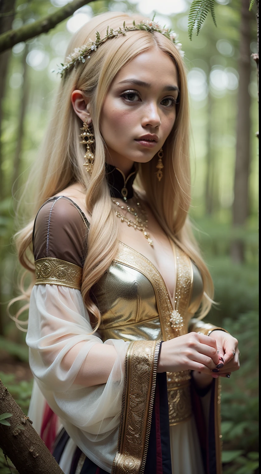 Create a mystical forest portrait with the Malay woman in an ethereal, flowy gown, medium blonde hair with bangs, posed among ancient trees and glowing mushrooms, embodying the enchantment of the woods.