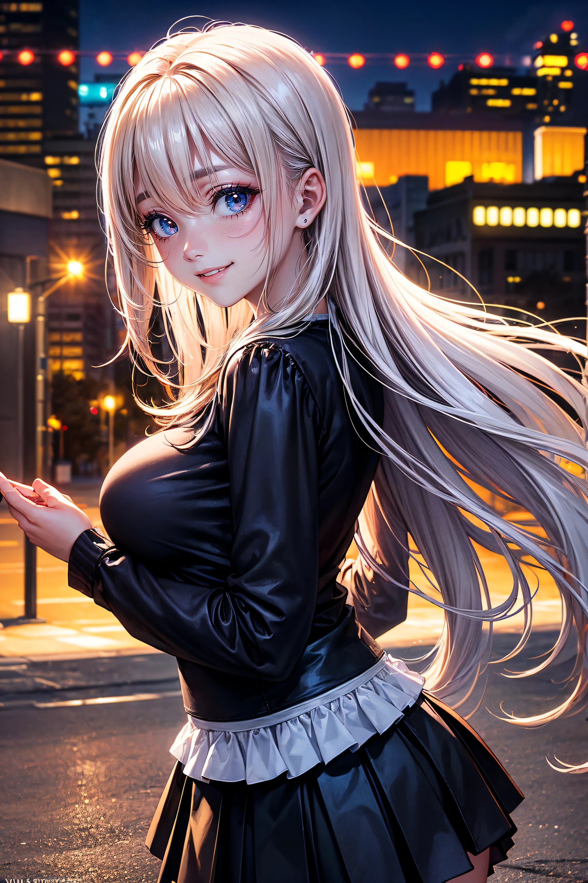 ((Cute and beautiful woman changing clothes)), ((22-year-old beauty)), ((embarrassed smile)), ((luscious long hair)), ((voluptuous bust)), ((outstanding style)), ((miniskirt)), ((gradient eyes)), ((background is a city night view)), attractive makeup, single view, NFFSW, UHD, retina, masterpiece, accurate, anatomical, scientifically correct , textured skin, super detail, high detail, high quality, award winning, highest quality, high resolution, 1080P, HD, 4K, 8k, 16k