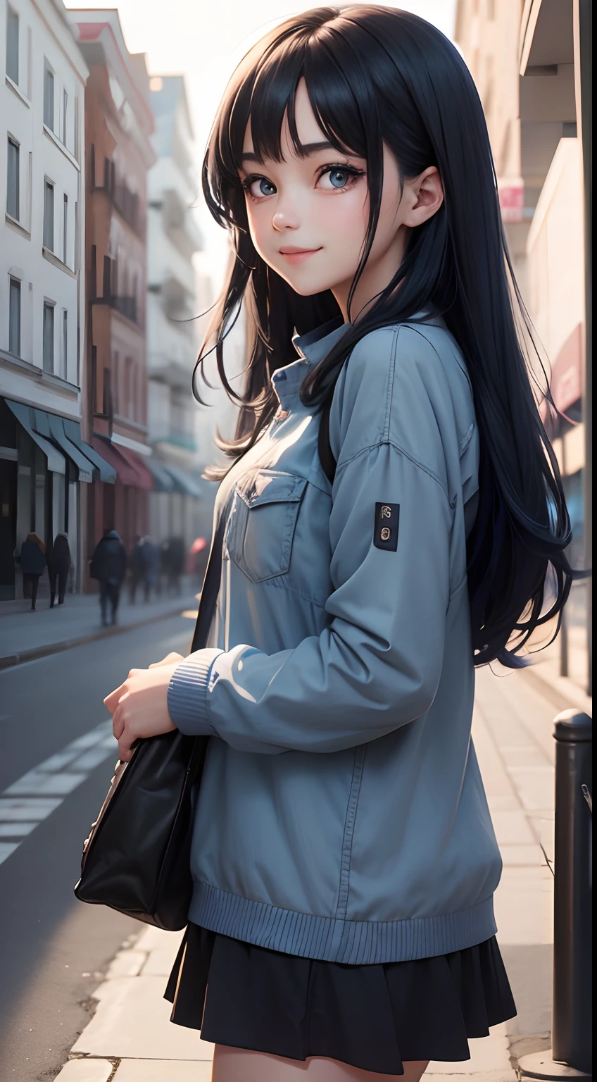 Anime girl, face: cuteness and smiling, eyes: cute and blue colour, clothes: modern clothes blue colour, hair: half black and half blue with best hairstyle, background: dark black, image type: ultra realistic 8k.