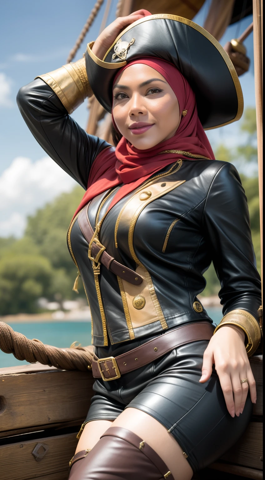 Capture the spirit of adventure as the Malay woman transforms into a pirate captain, wearing a weathered leather jacket, tricorn hat, and boots, posed on a pirate ship's deck.