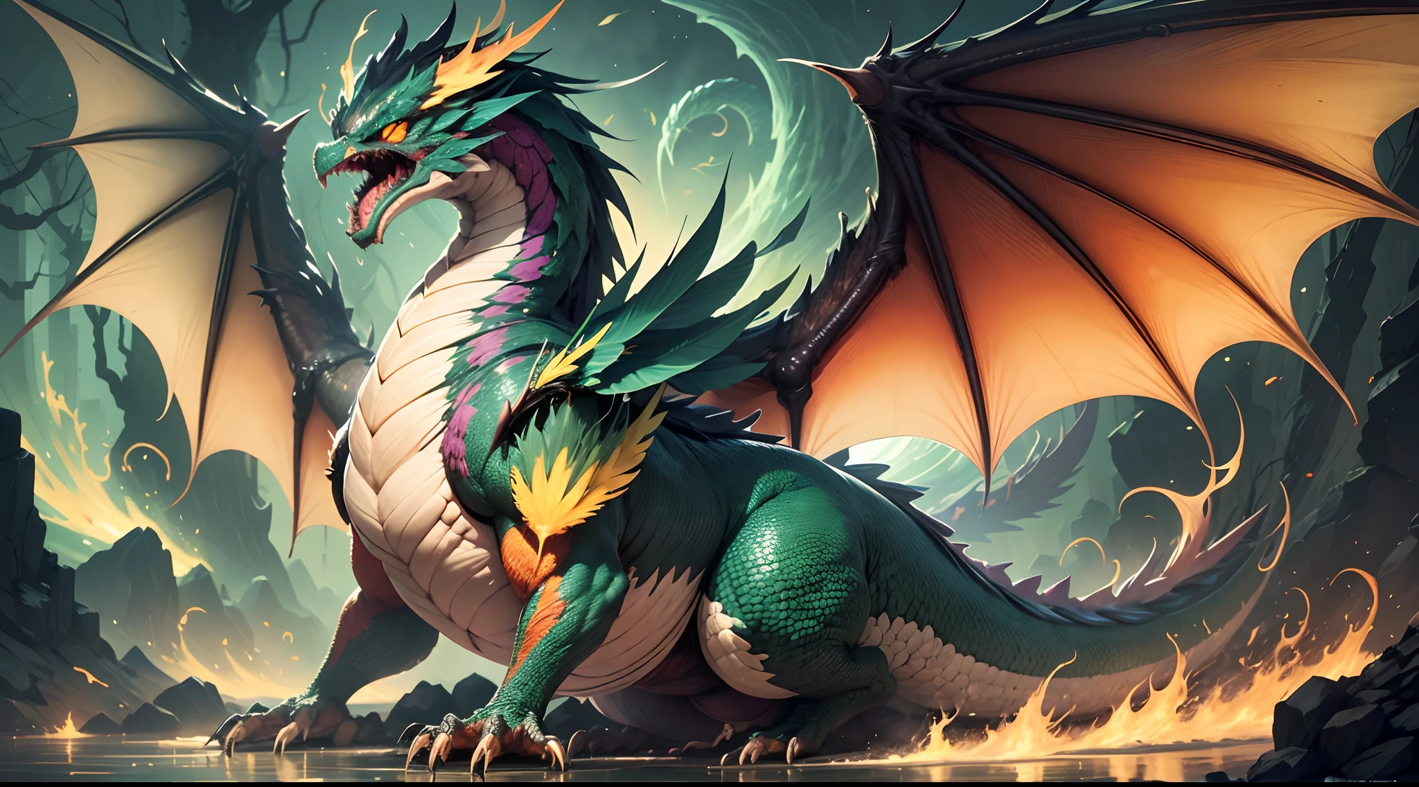 drak,fenghuang,big dragon,green color,Plant dragon and phoenix,Dragon and phoenix combined,The whole body is scaleless,The huge wings are covered with the feathers of the Chinese phoenix,rot,yellow,de cor laranowder,blanche,Very long, thick tail,The Chinese phoenix tail feathers cover all tails,super obese,The body is covered with thick and long tentacles,The mouth seems to be nibbling on something,There are countless phoenix feathers on the belly,rot,yellow,de cor laranowder,blanche,SPAWN,speleothems,pond,fantasy,photorealestic,Feather,