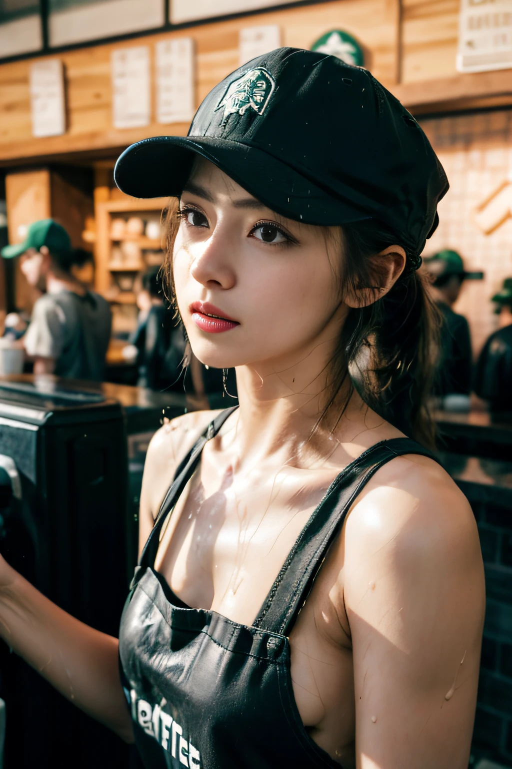 A girl in a Starbucks uniform makes coffee,double-ponytail,Wearing a baseball cap on his head,Clothes and skin are soaked all over,(wetclothes:1.8),Reflective skin,Sweaty skin,high high quality、tmasterpiece、Hyper-Resolution、barechested、NAKED Apron、wearing apron、full bodyesbian、