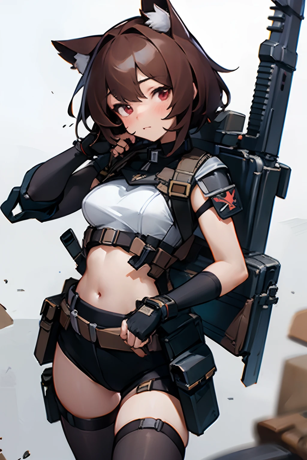 masterpiece, 8k, high quality, 1 girl, cat ears, military, tactical gear, body armor, chest rig, (pouches), red eyes, stockings, fingerless gloves, brown hair, (face portrait), closeup, platecarrier