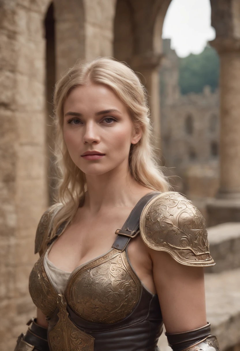 Apenas a [1 woman] , sex, blonde hair, giant chest, (chiselled abdomen), (dark skin), ( armor), inside a castle