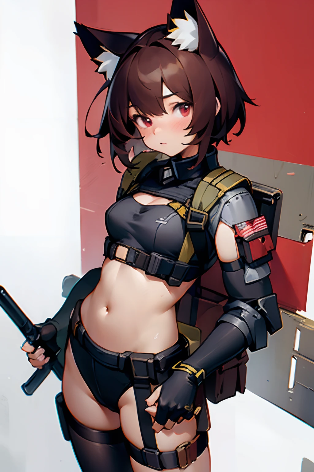 masterpiece, 8k, high quality, 1 girl, cat ears, military, tactical gear, body armor, chest rig, (pouches), red eyes, stockings, fingerless gloves, brown hair, (face portrait), closeup