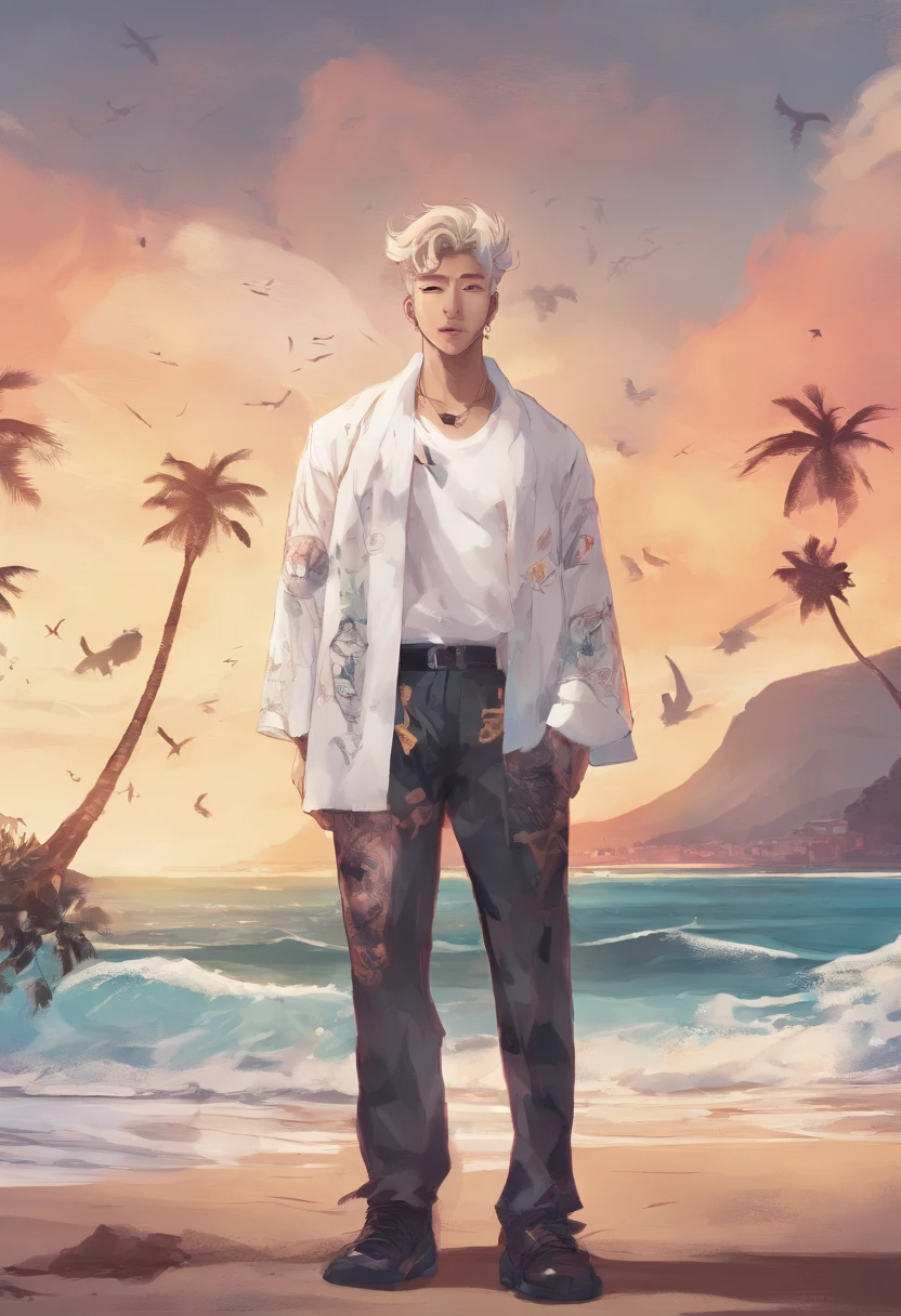 kim namjoon a member of BTS with his body covered of tattoos, standing on the beach of Copacabana in Rio de Janeiro, Brasil, using a white shirt and smoking looking at the camera with a smirk smile