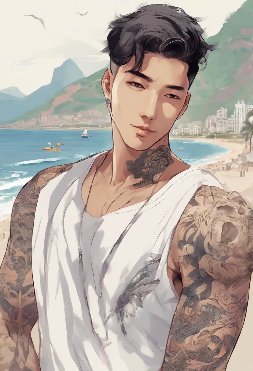 kim namjoon a member of BTS with his body covered of tattoos, standing on the beach of Copacabana in Rio de Janeiro, Brasil, using a white shirt and smoking looking at the camera with a smirk smile