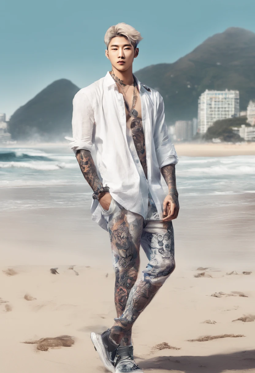 kim namjoon a member of BTS with his body covered of tattoos, standing on the beach of Copacabana in Rio de Janeiro, Brasil, using a white shirt and smoking looking at the camera with a smirk smile