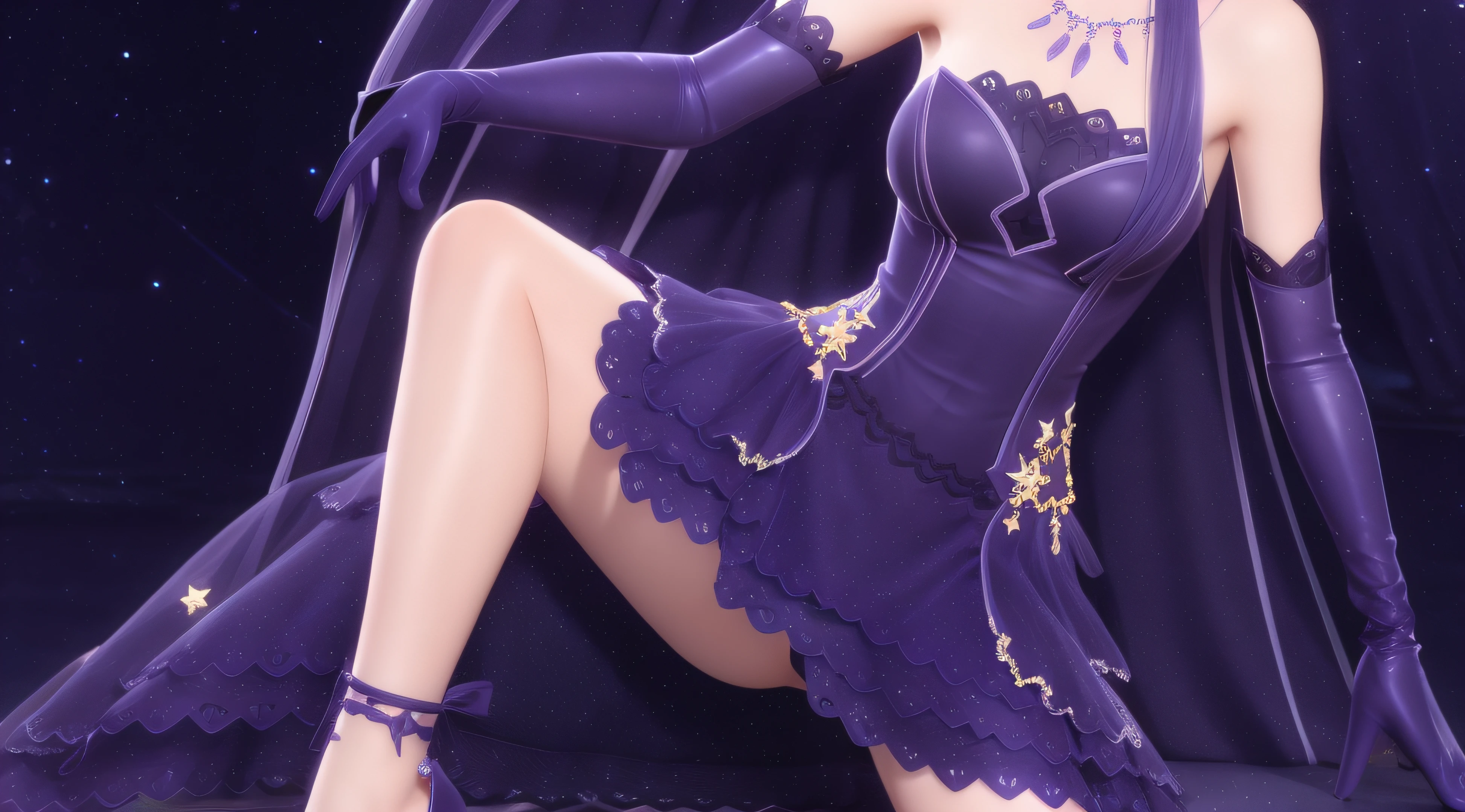 New New Sea, 1girll, Purple dress, Solo, Long hair, Purple eyes, Purple gloves, Purple hair,necklace,Bare shoulders, view the viewer, jewelry, Elbow gloves, Smile, star hair ornament, See-through,Makeup, Closed mouth,frilld, Parted bangs, Night, Mature female, hand on hips,, Close-up,dakimakura，Long legs，Purple high heels