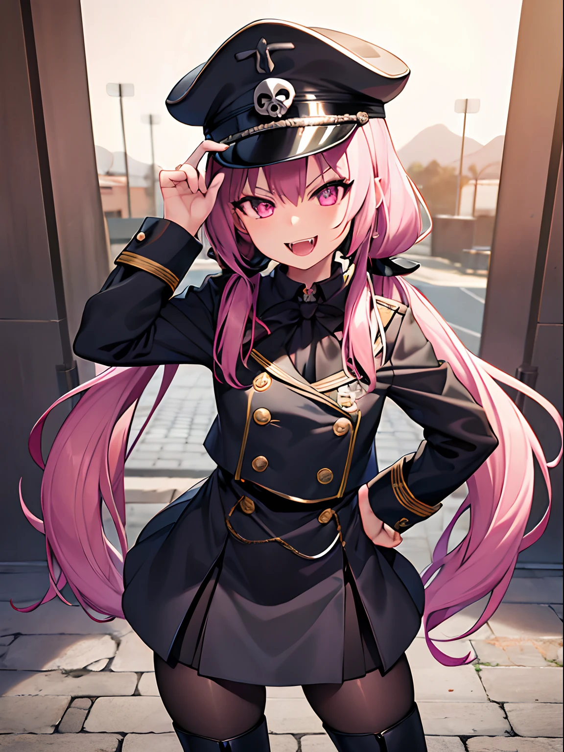 Highly detailed and realistic CG, Colorful, Masterpiece, Best Quality, jewel-like eyes, 1girl, solo, pink hair, long hair, low twintails, black villain suits, miniskirt, ****, child, petite, contrapposto, crossed arms, villain, black pantyhose, boots, evil smile, seductive smile, smirk, skull mark cap, open mouth, fangs, outdoors, military base, black ribbon, NSFW, erection, pov,