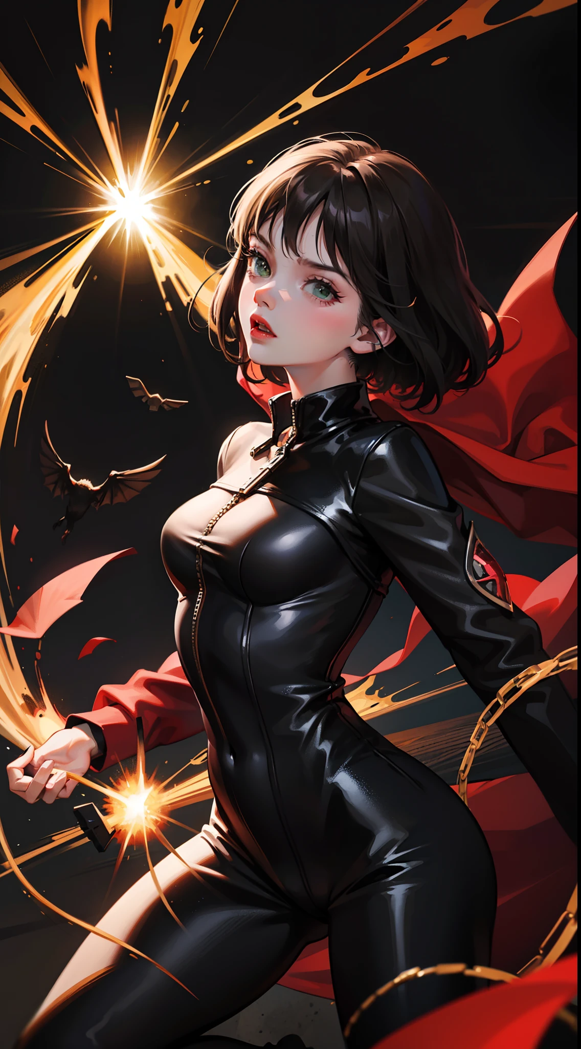 young girl, short black hair, Green eyes, angry, superhero, Spawn of Hell, black catsuit, White Elements, red coat, Demonic Chains, hiquality, 4k, HD, Good detail