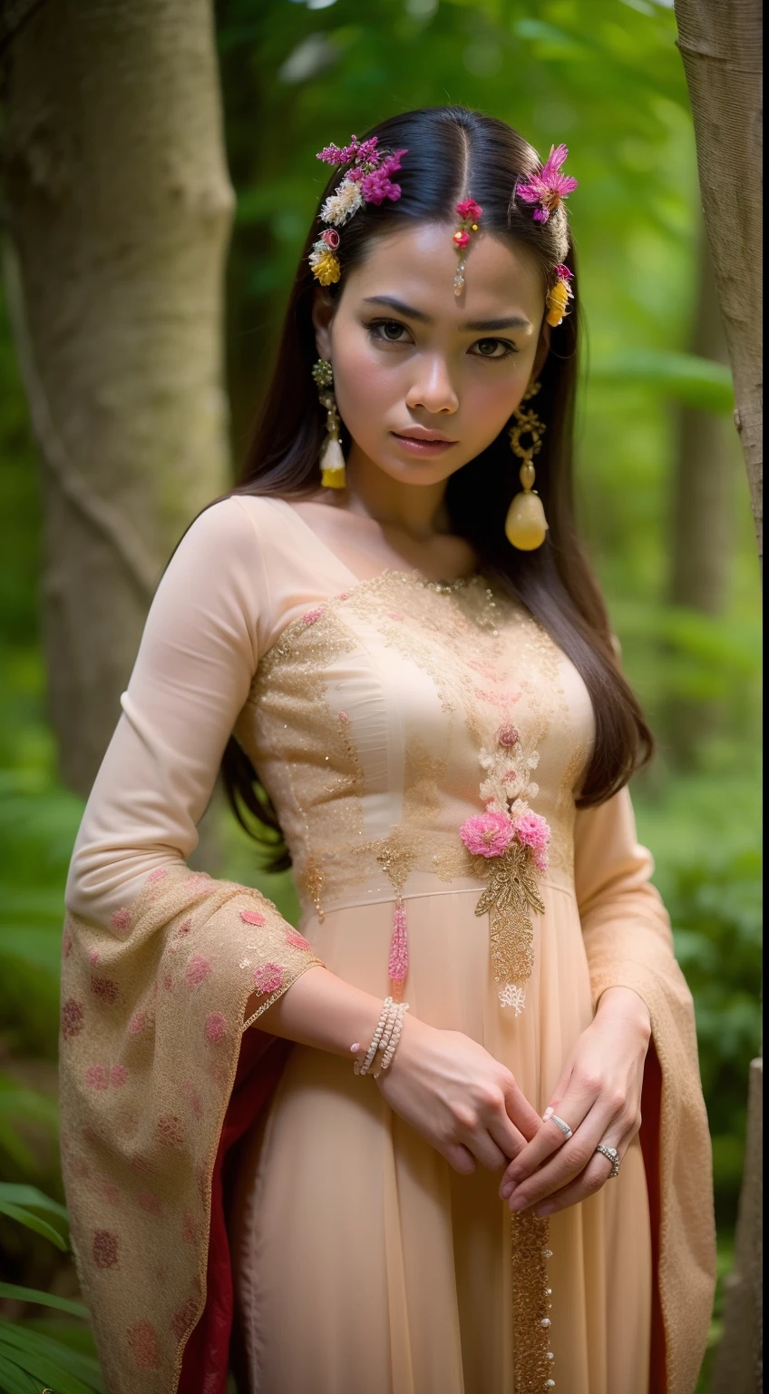 Create a mystical forest portrait with the Malay woman in an ethereal, flowy gown, medium blonde hair with bangs, posed among ancient trees and glowing mushrooms, embodying the enchantment of the woods.