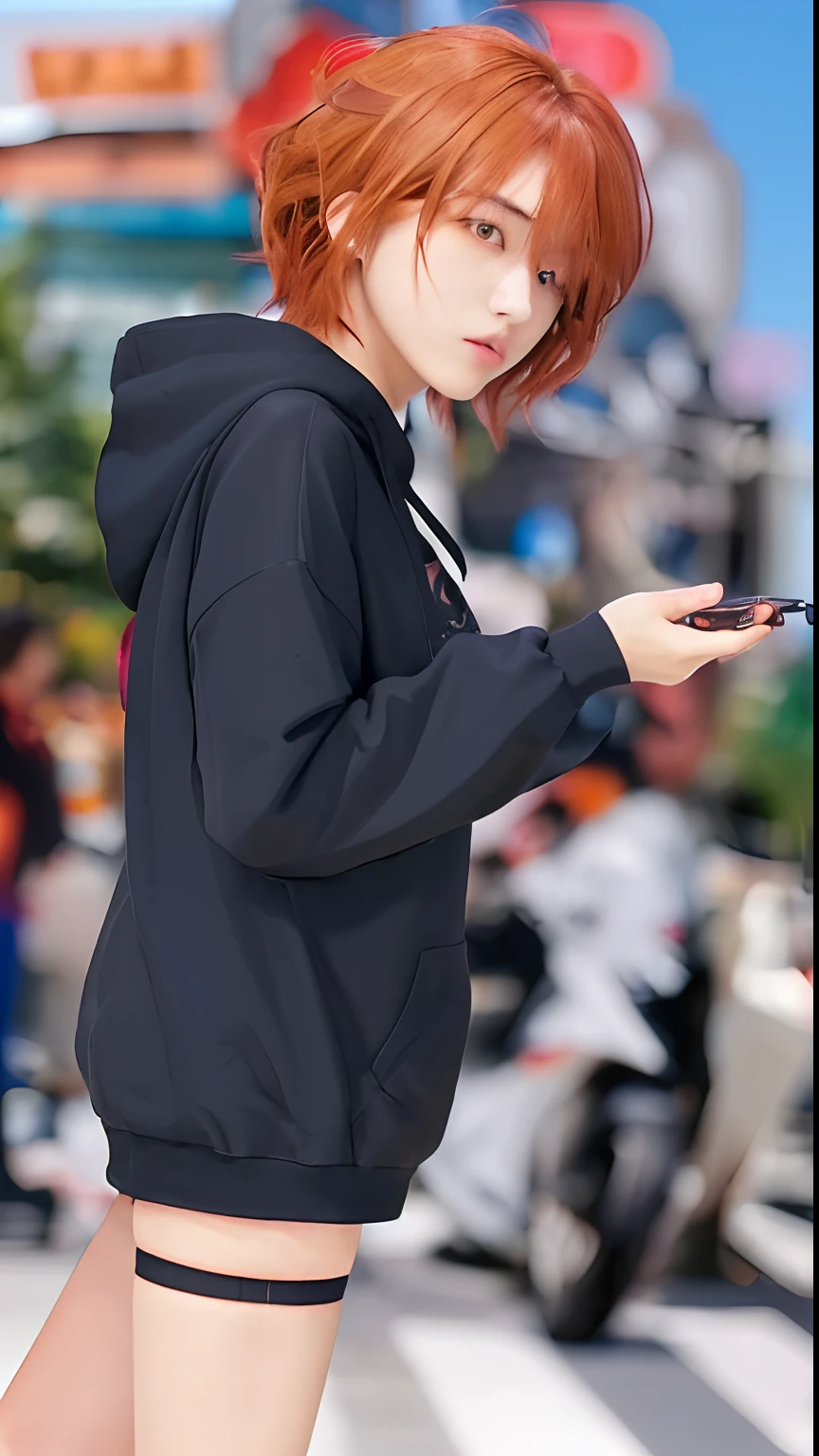 1girl, higuchi Madoka, black hoodie, shirt hair, orange hair, relistic, ultra detail, 8k, 70mm lens,