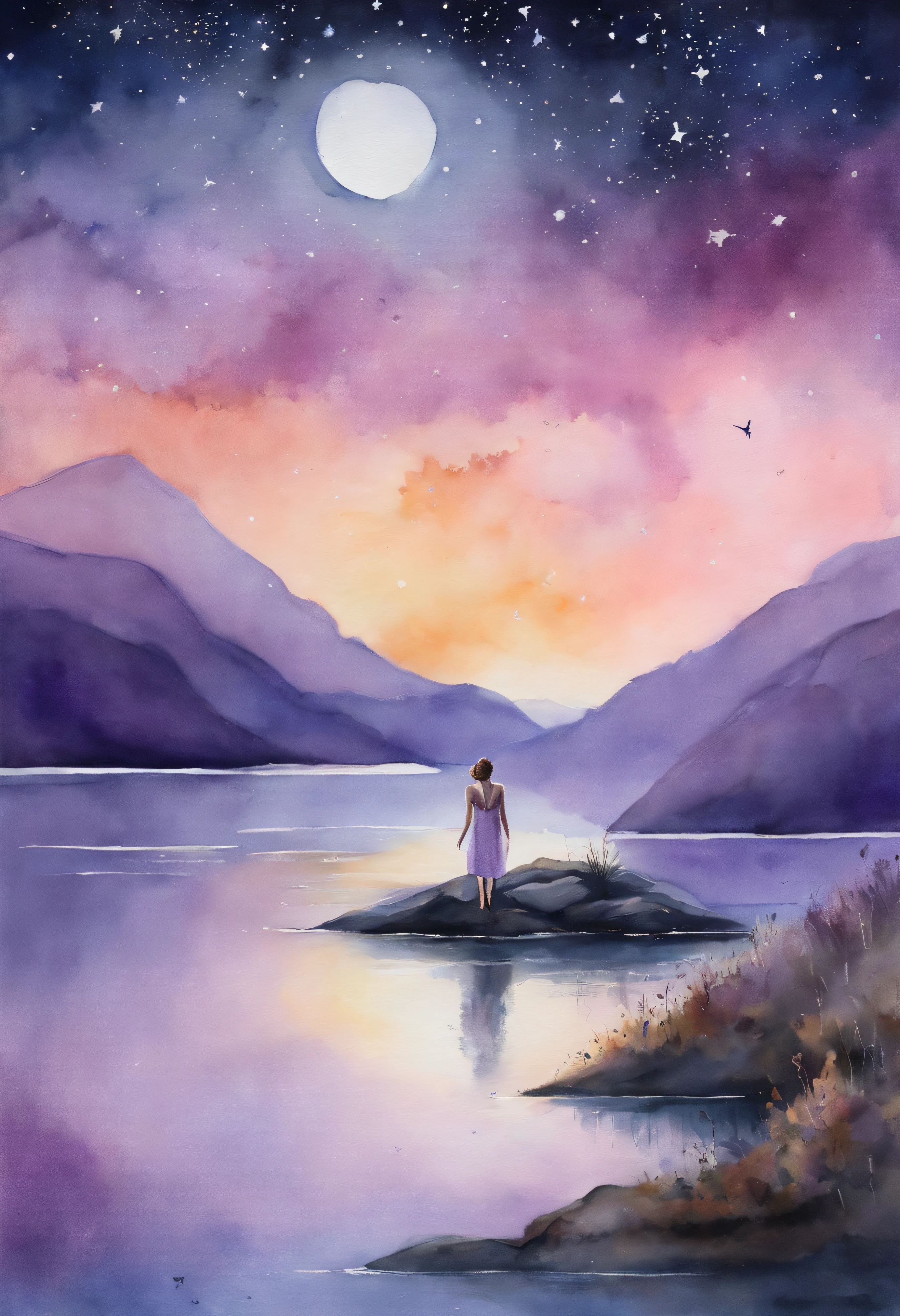 Lilac shorthair girl enters the lake、See a knee-deep sky full of stars