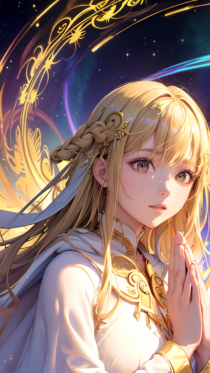 (masterpiece, top quality, best quality, official art, beautiful and aesthetic:1.2), (1girl), extreme detailed, (fractal art:1.3), colorful, highest detailed, perfect face, upper body, HDR, (praying:1.3), (white cloak golden lines:1.2), galaxy, (light streaks), striking visuals, (dynamic streaks, luminous trails:1.2), vibrant colors,