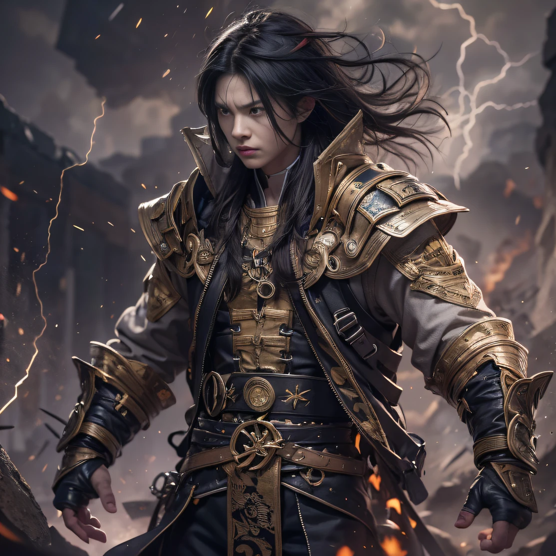 facing away from the audience(Doomsday ruins)eyes filled with angry,He clenched his fists,Rush up,Deliver a fatal blow to your opponent,full bodyesbian,Full Body Male Mage 32K(tmasterpiece,k hd,hyper HD,32K)Long flowing black hair,Explosive ruins of the campsite,zydink, a color, Dynamic posture(Explosive ruins), (Linen batik scarf), Angry fighting stance, looking at the ground, Batik linen bandana, Chinese gold silk python pattern long-sleeved garment, thick paint(Abstract propylene splash:1.2), Dark clouds lightning background,Flour flies(realisticlying:1.4),Black color hair,Flour fluttering,Background fog, A high resolution, the detail, RAW photogr, Sharp Re, Nikon D850 Film Stock Photo by Jefferies Lee 4 Kodak Portra 400 Camera F1.6 shots, Rich colors, ultra-realistic vivid textures, Dramatic lighting, Unreal Engine Art Station Trend, cinestir 800,Flowing black hair,(((Male mage))),The male mage was furious,