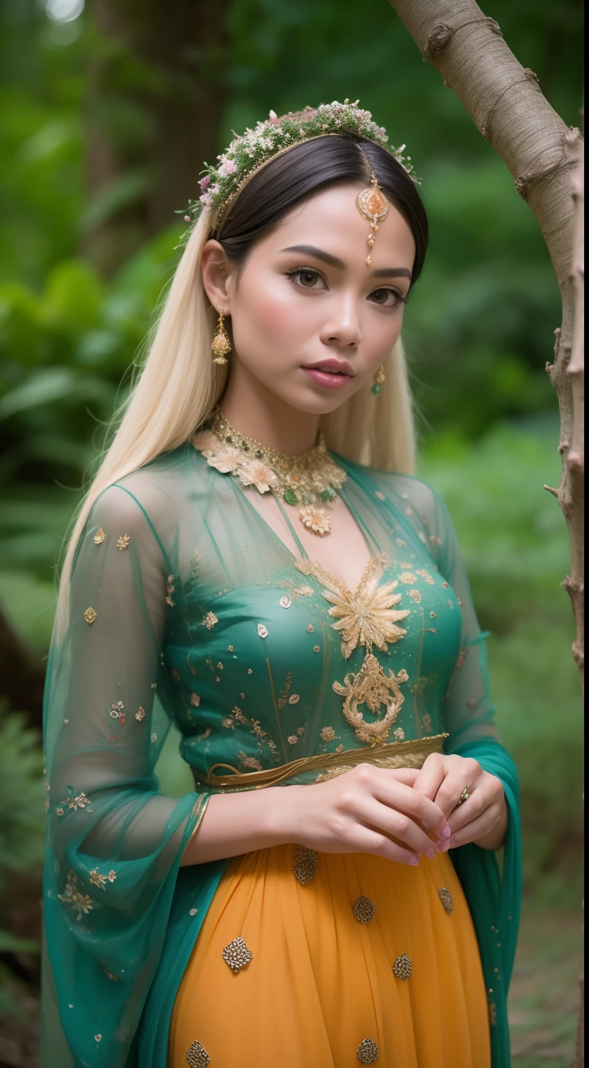 Create a mystical forest portrait with the Malay woman in an ethereal, flowy gown, medium blonde hair with bangs, posed among ancient trees and glowing mushrooms, embodying the enchantment of the woods.