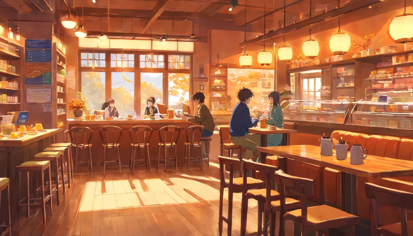 A cozy autumn cafe interior with warm lighting, pumpkin spice lattes, and people reading books or working on laptops.