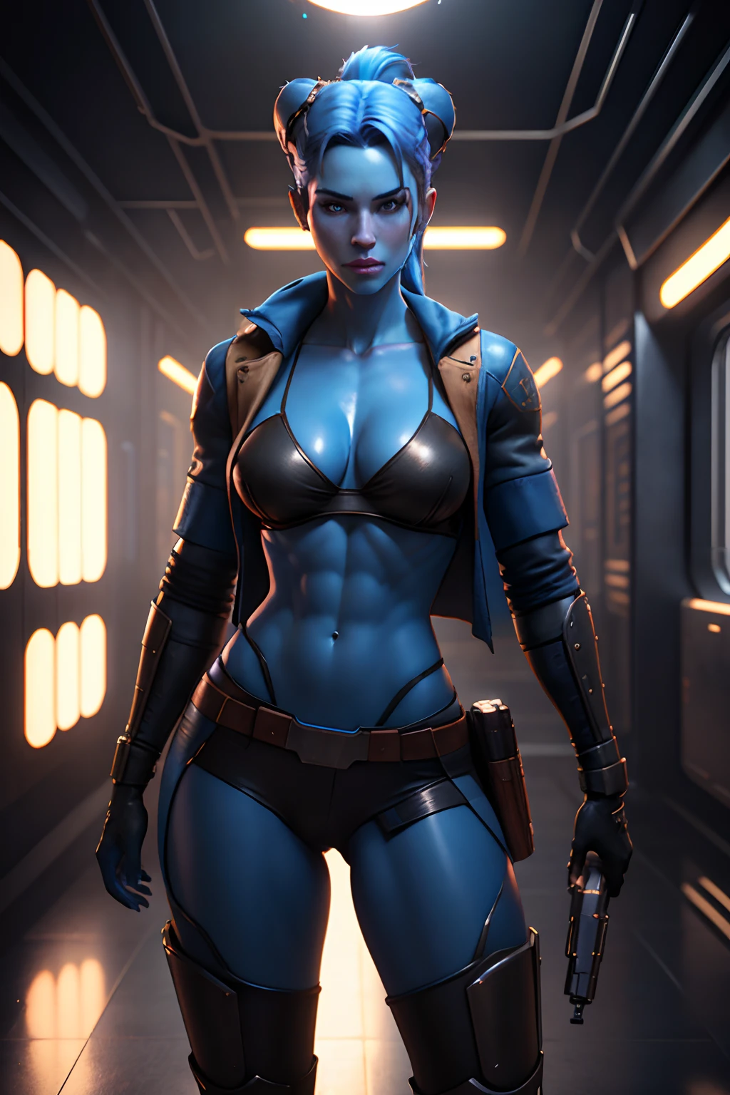 Handsome masculine lean twi'lek male gunslinger, blue skin, Athletic Well Toned Body, futuristic gunslinger outfit with a coat, at a space port, Beautiful Face, sci-fi theme, wild west theme, Fiverr Dnd Character, Octane Render, Digital Art, Extreme Detail, 4k, Ultra Hd, Polished, Beautiful, Hyperdetailed, Intricate, Elaborate, Meticulous, Photorealistic, Sharp Focus, Wlop, Character Design, Unreal Engine, 3d Rendered, Volumetric Lighting, Reflections, Glossy, Digital Illustration, Full Body Shot, anatomically correct