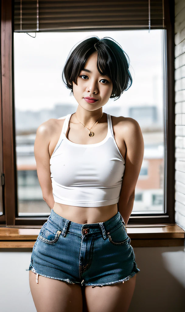 Muchirimchi、kawaii、round faced、Short black hair、college girl,The top is worn only in suspender ultra shorts,No underwear,Side Body,Media components