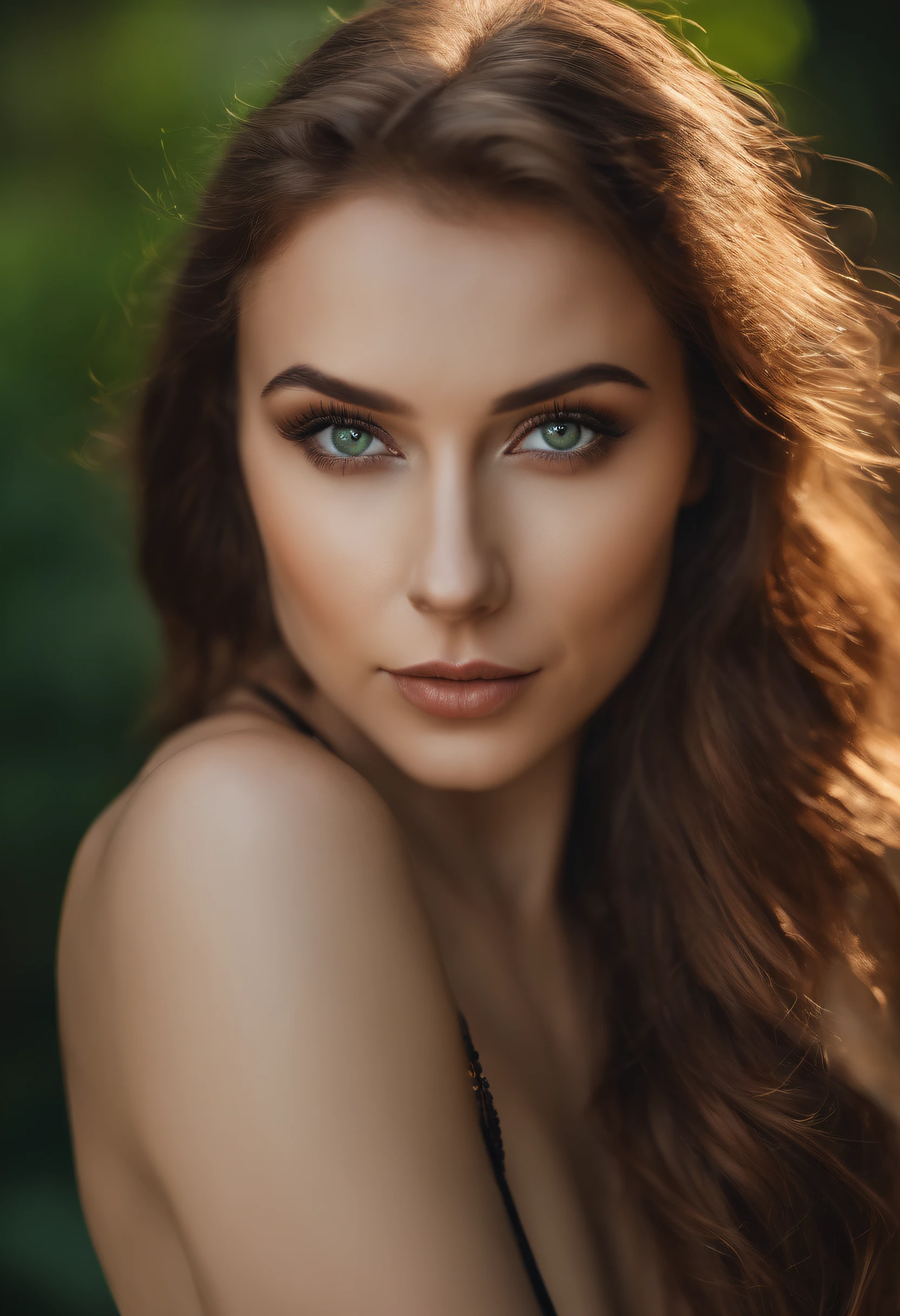 Highest picture quality, Herausragende Details, ultra-high resolution, (Realismus: 1.4) Woman with white tank top and necklace, Sexy girl with green eyes, portrait sophie mudd, brown hair and big eyes, Selfie einer jungen Frau, Augen im Schlafzimmer, Violet Myers, ohne Make-up, Natural makeup, Blick direkt in die Kamera, Gesicht mit Artgram, dezentes Make-up, Stunning full body shot, piercing green eyes