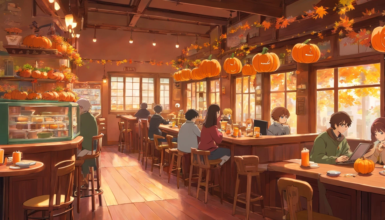 A cozy autumn cafe interior with warm lighting, pumpkin spice lattes, and people reading books or working on laptops.